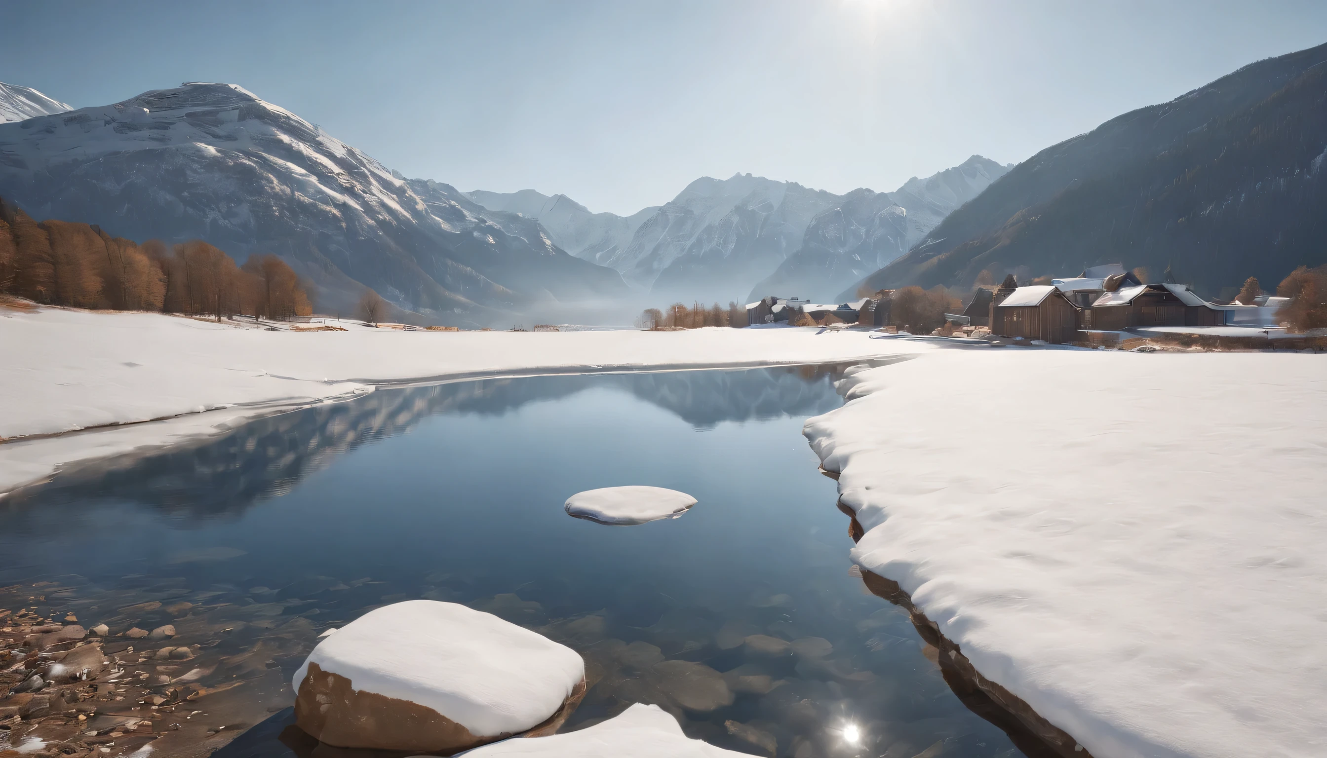 (Highly detailed CG Unity 8K wallpaper、masterpiece、highest quality、Super detailed)、(best lighting、best shadow、very delicate and beautiful)、highest quality、8K、Detailed facial depiction、masterpiece、highest quality、clear image quality、A snowy field spread out on the shore of a quiet lake and a mountain reflected in it々Photo of