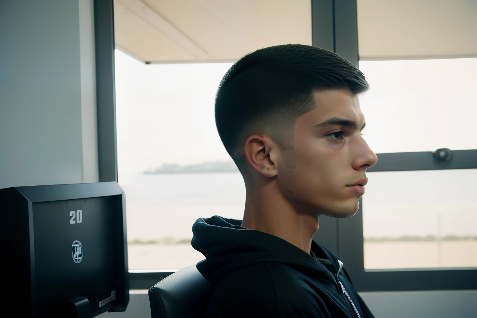Huelva, Spain, 2002. ((((17-year-old)) Lorenzo)), pale skin, thin, skinny, sharp facial features, in a police station, sitting on a chair, drunk, bloody nose, bruised, black eye. ((((neonazi clothings from the 2000s)))), ((buzz cut hair))