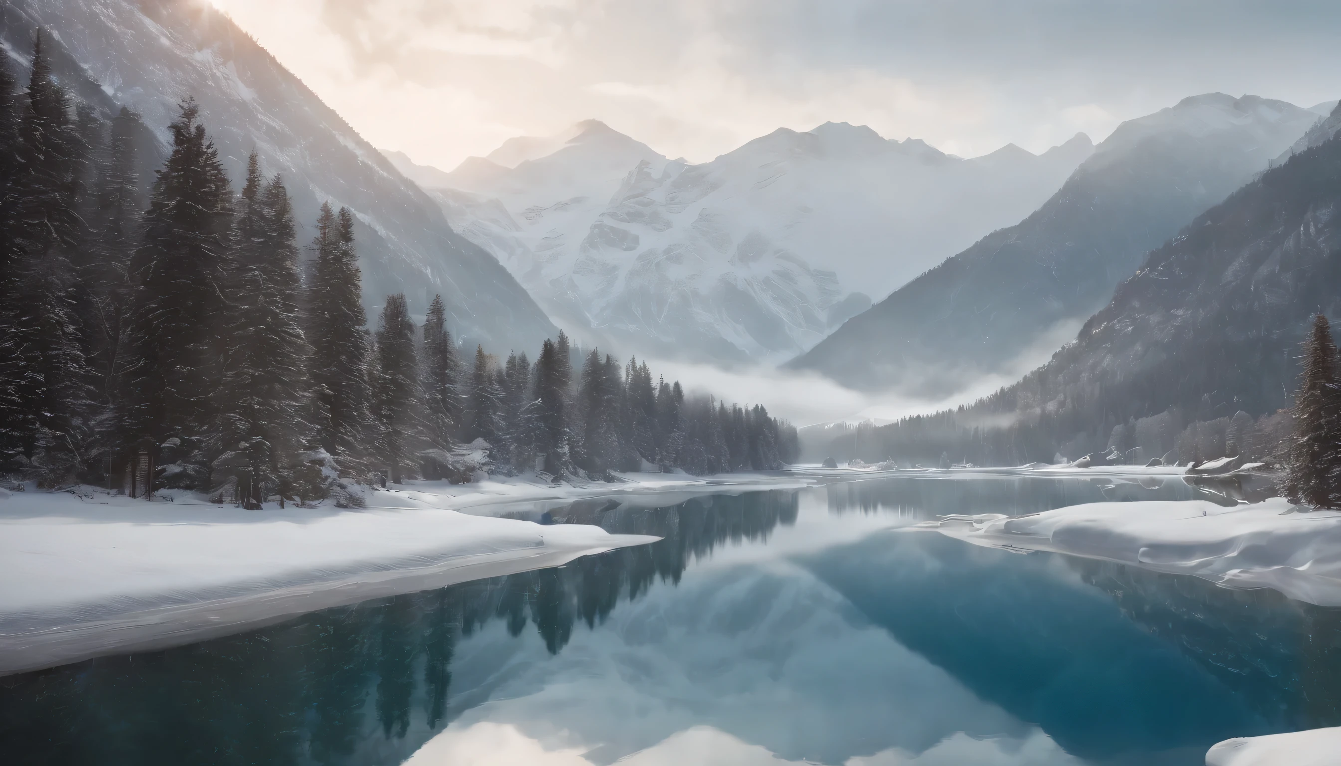 (Highly detailed CG Unity 8K wallpaper、masterpiece、highest quality、Super detailed)、(best lighting、best shadow、very delicate and beautiful)、highest quality、8K、Detailed facial depiction、masterpiece、highest quality、clear image quality、A snowy field spread out on the shore of a quiet lake and a mountain reflected in it々Photo of