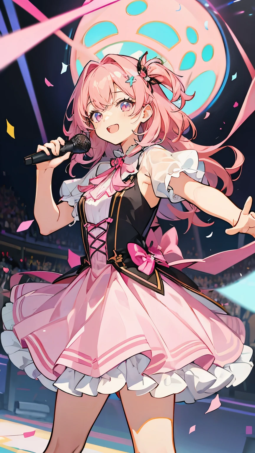 (muste piece), (best quality), very detailed, ((1 girl)), solo focus,Low - Angle,dynamic,jump,((happy face)),perfect face, beautiful face, very detailedな顔,(Pink longhair_pink eyes:1.3),idol costume,Solo Idol,Ribbon hair ornament,concert dome,live,have a microphone,singing,Smiling with mouth wide open,Laser Light,confetti,