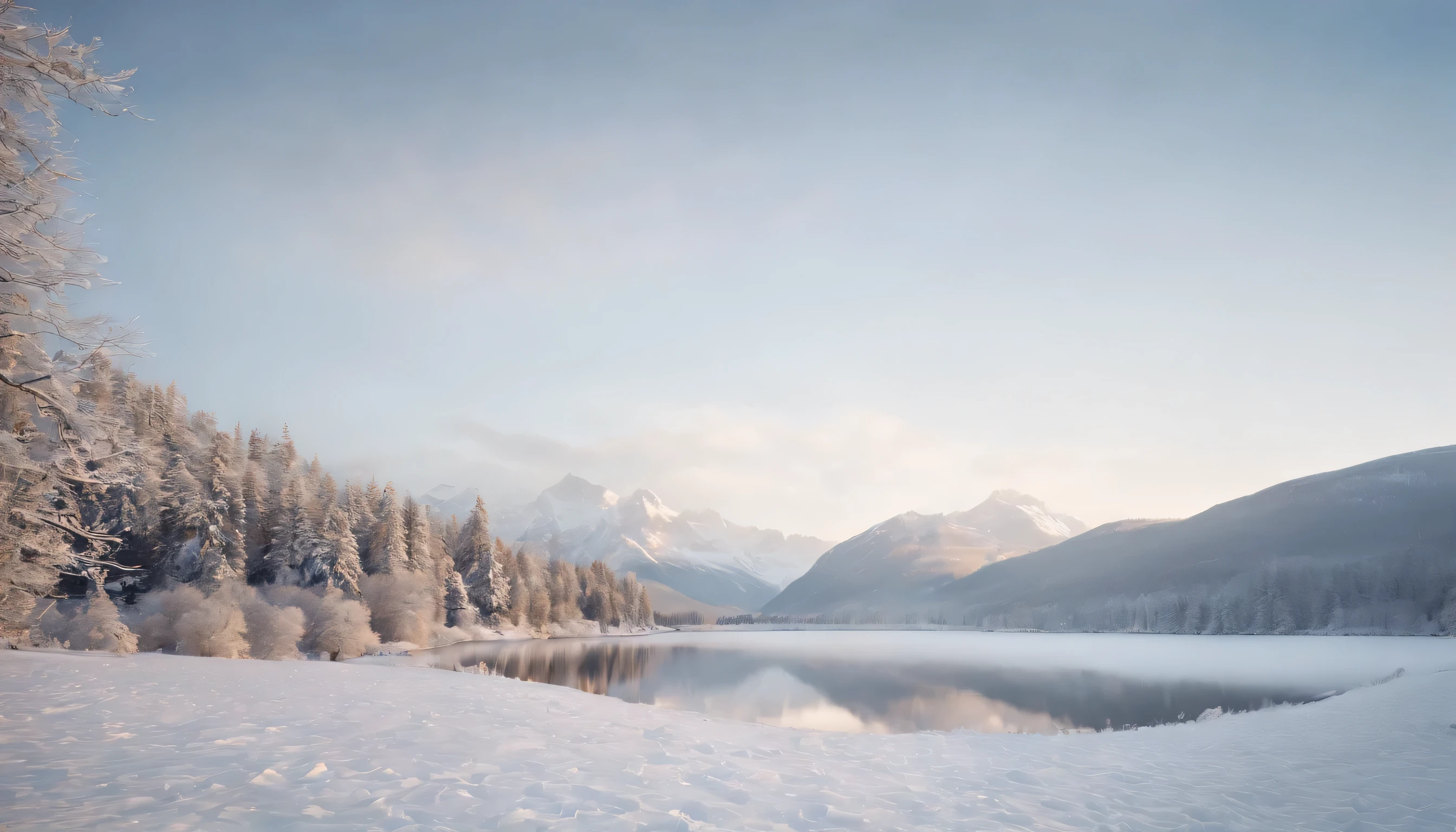 (Highly detailed CG Unity 8K wallpaper、masterpiece、highest quality、Super detailed)、(best lighting、best shadow、very delicate and beautiful)、highest quality、8K、Detailed facial depiction、masterpiece、highest quality、clear image quality、A snowy field spread out on the shore of a quiet lake and a mountain reflected in it々Photo of