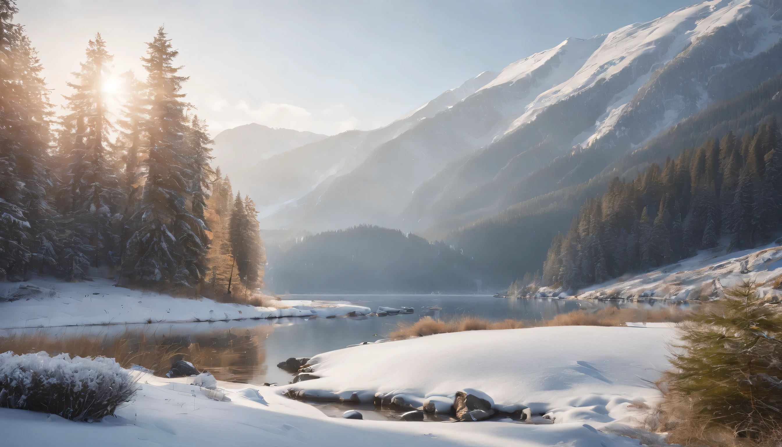 (Highly detailed CG Unity 8K wallpaper、masterpiece、highest quality、Super detailed)、(best lighting、best shadow、very delicate and beautiful)、highest quality、8K、Detailed facial depiction、masterpiece、highest quality、clear image quality、A snowy field spread out on the shore of a quiet lake and a mountain reflected in it々Photo of