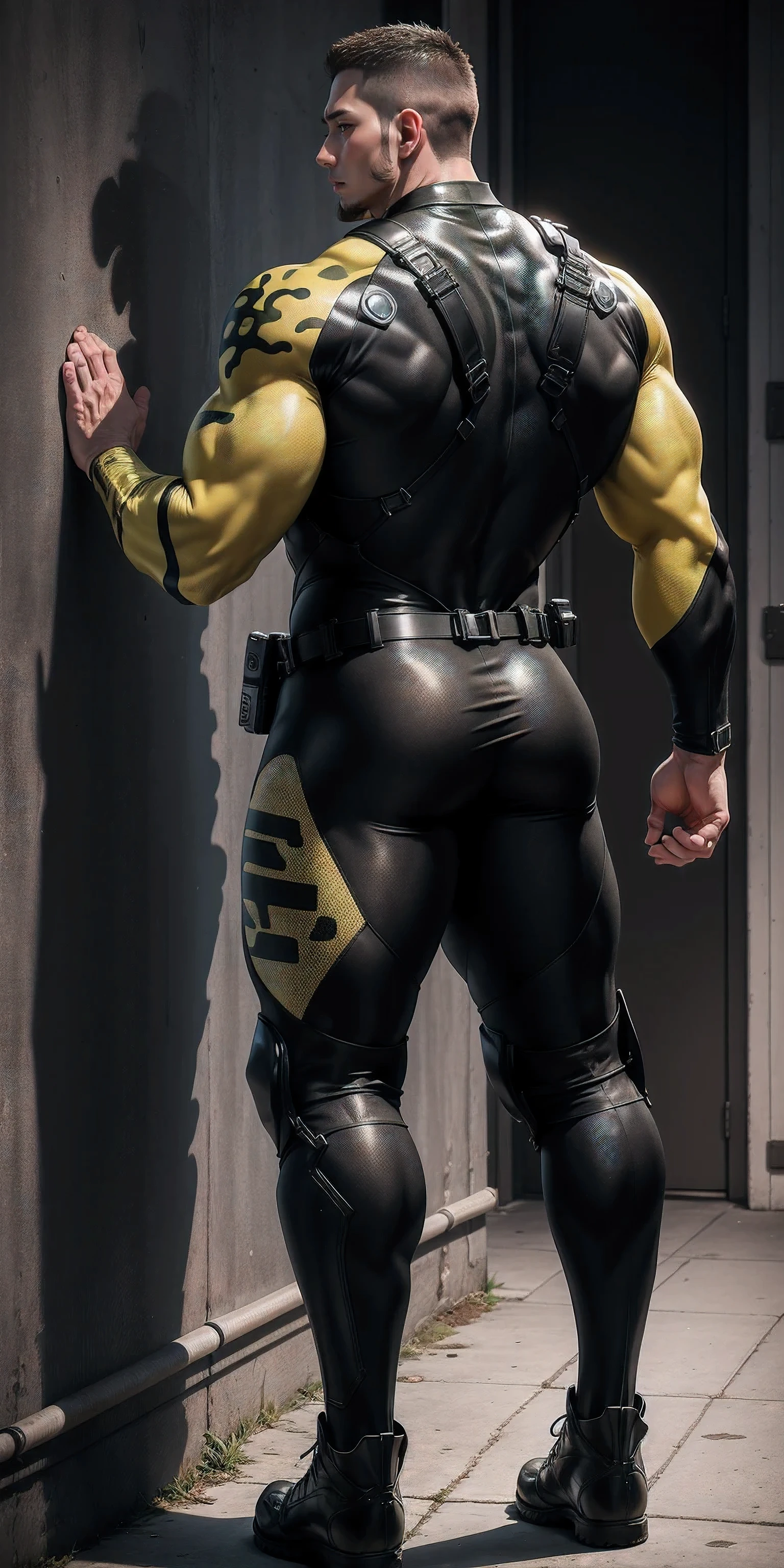 Tall giant muscular police officer back view.,Yellow and gray khaki camouflage wetsuit,Stick to the wall and hug the wall,Straighten your hips,character idea(Resident Evil - chris redfield,chris redfield)senior police officer,身穿Yellow and gray khaki camouflage wetsuit,matte texture,regular symmetrical texture pattern,Standing in the dark sugar cane jungle, The body is wrapped in thick rattan,sad expression,Deep and charming eyes,Emerald Pupil Hero,heroic male pose,高大burly,muscular!Charming leg muscles,High, burly, Heqiang, 身穿Yellow and gray khaki camouflage wetsuit, Super gain and cool, high resolution committee, Big feet in black boots,Charming strong man,The bright sunshine is shining on you,matte particles,shiny texture