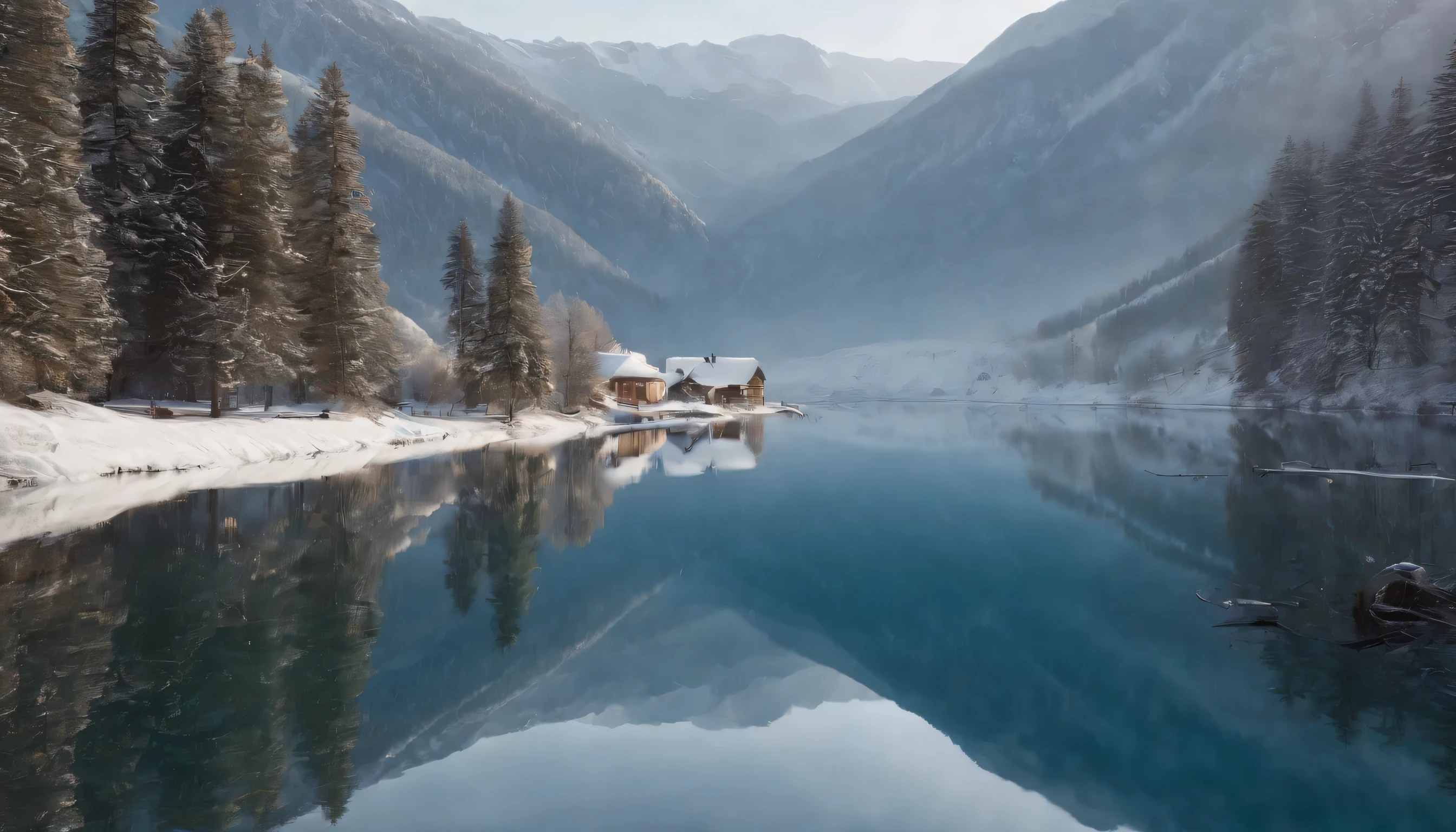 (Highly detailed CG Unity 8K wallpaper、masterpiece、highest quality、Super detailed)、(best lighting、best shadow、very delicate and beautiful)、highest quality、8K、Detailed facial depiction、masterpiece、highest quality、clear image quality、A snowy field spread out on the shore of a quiet lake and a mountain reflected in it々Photo of