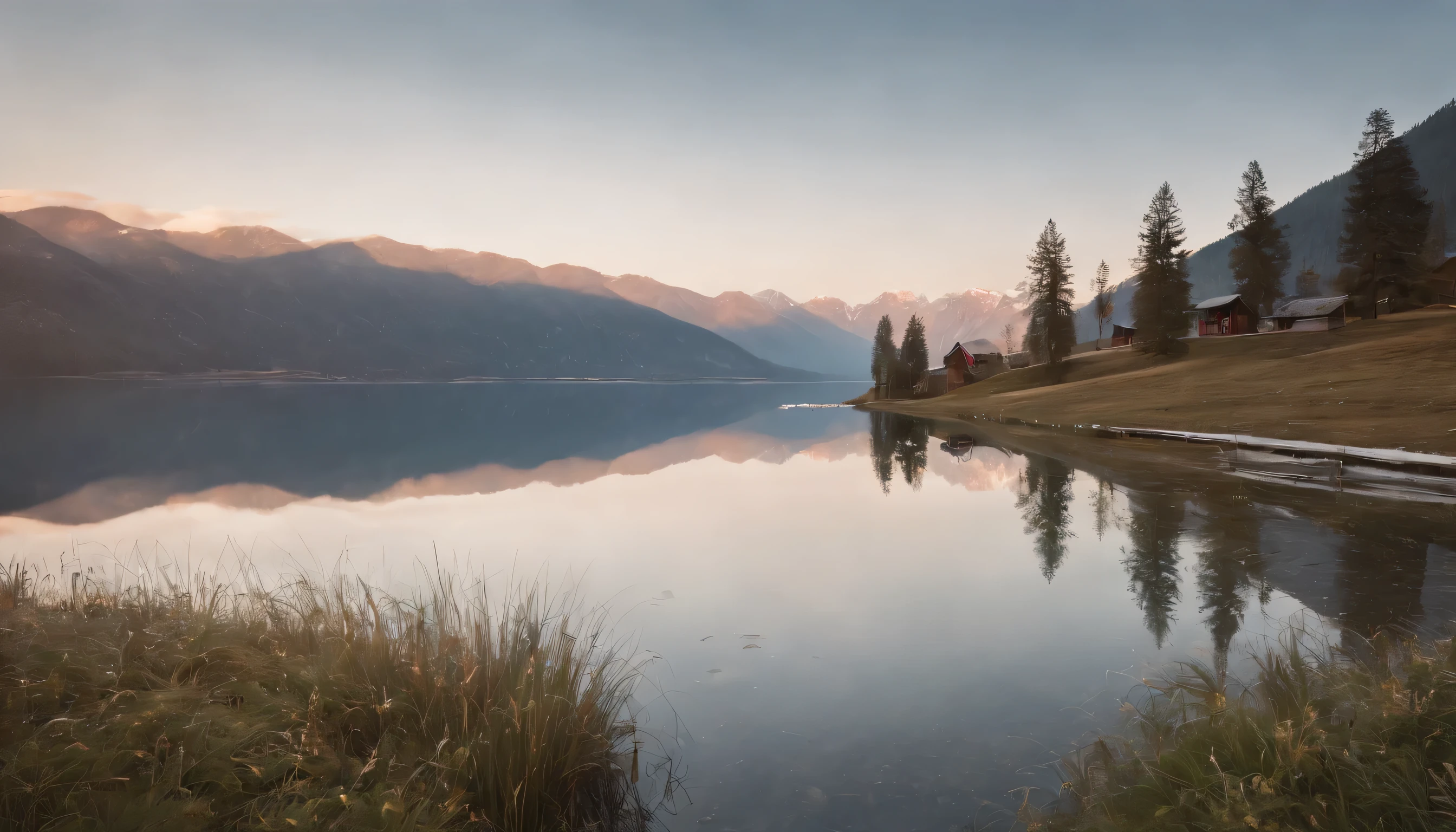 (Highly detailed CG Unity 8K wallpaper、masterpiece、highest quality、Super detailed)、(best lighting、best shadow、very delicate and beautiful)、highest quality、8K、Detailed facial depiction、masterpiece、highest quality、clear image quality、A snowy field spread out on the shore of a quiet lake and a mountain reflected in it々Photo of