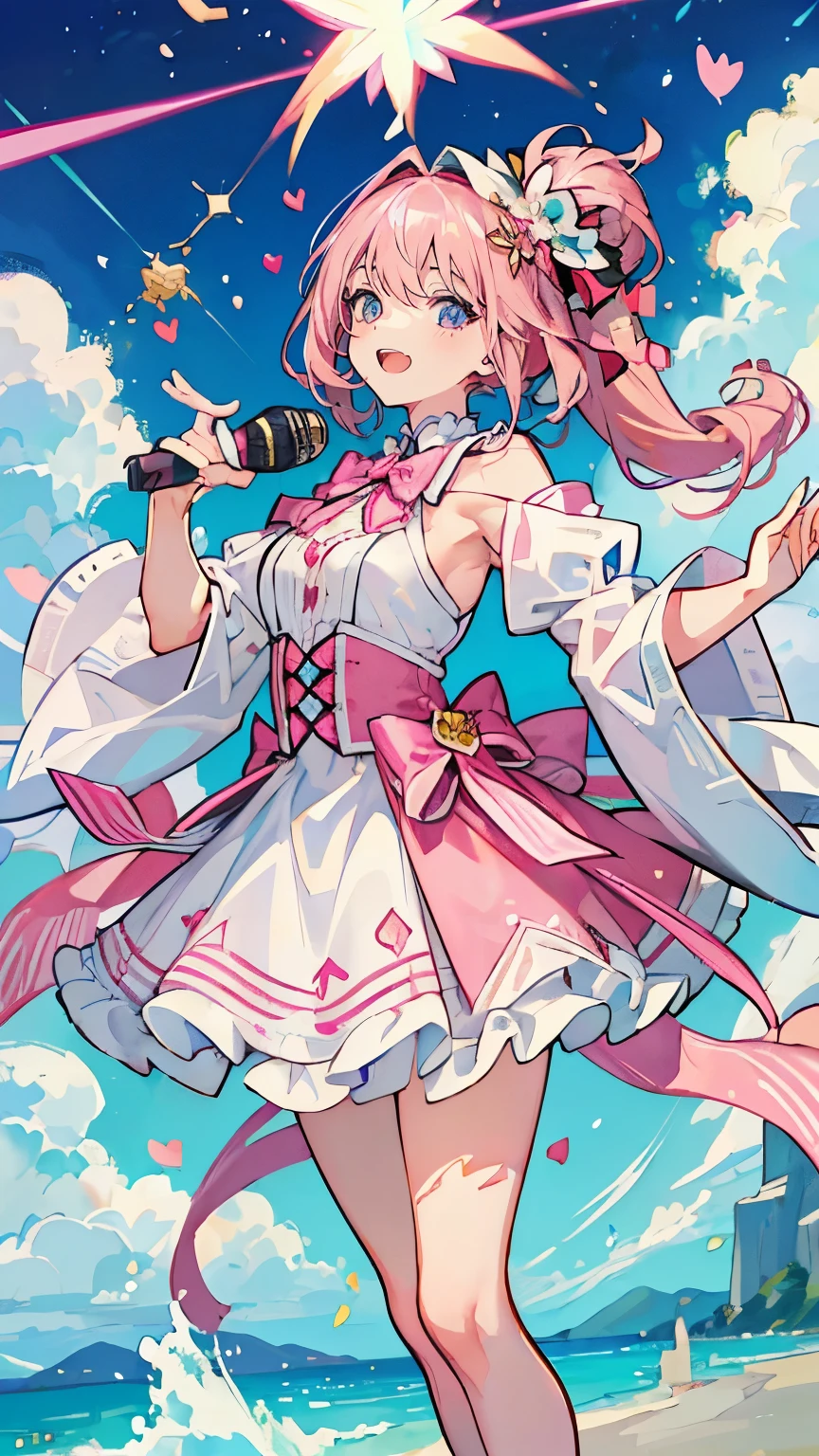 (muste piece), (best quality), very detailed, ((1 girl)), solo focus,Low - Angle,dynamic,jump,((happy face)),perfect face, beautiful face, very detailedな顔,(Pink longhair_pink eyes:1.3),idol costume,Solo Idol,Ribbon hair ornament,concert dome,live,have a microphone,singing,Smiling with mouth wide open,Laser Light,confetti,