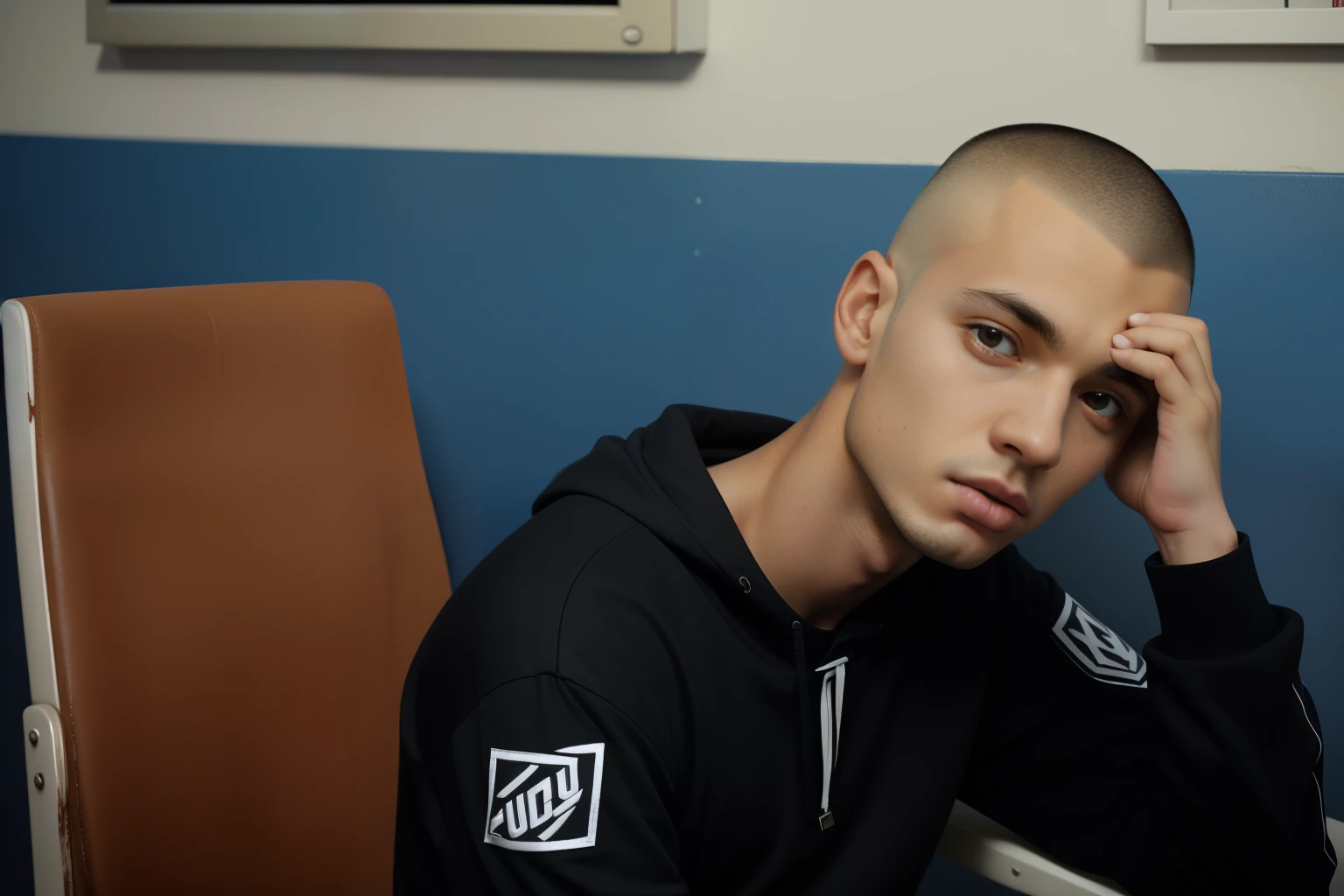 Huelva, Spain, 2002. ((((17-year-old)) Lorenzo)), pale skin, thin, skinny, sharp facial features, in a police station, sitting on a chair, drunk, bloody nose, bruised, black eye. ((((neonazi clothings from the 2000s)))), ((buzz cut hair))