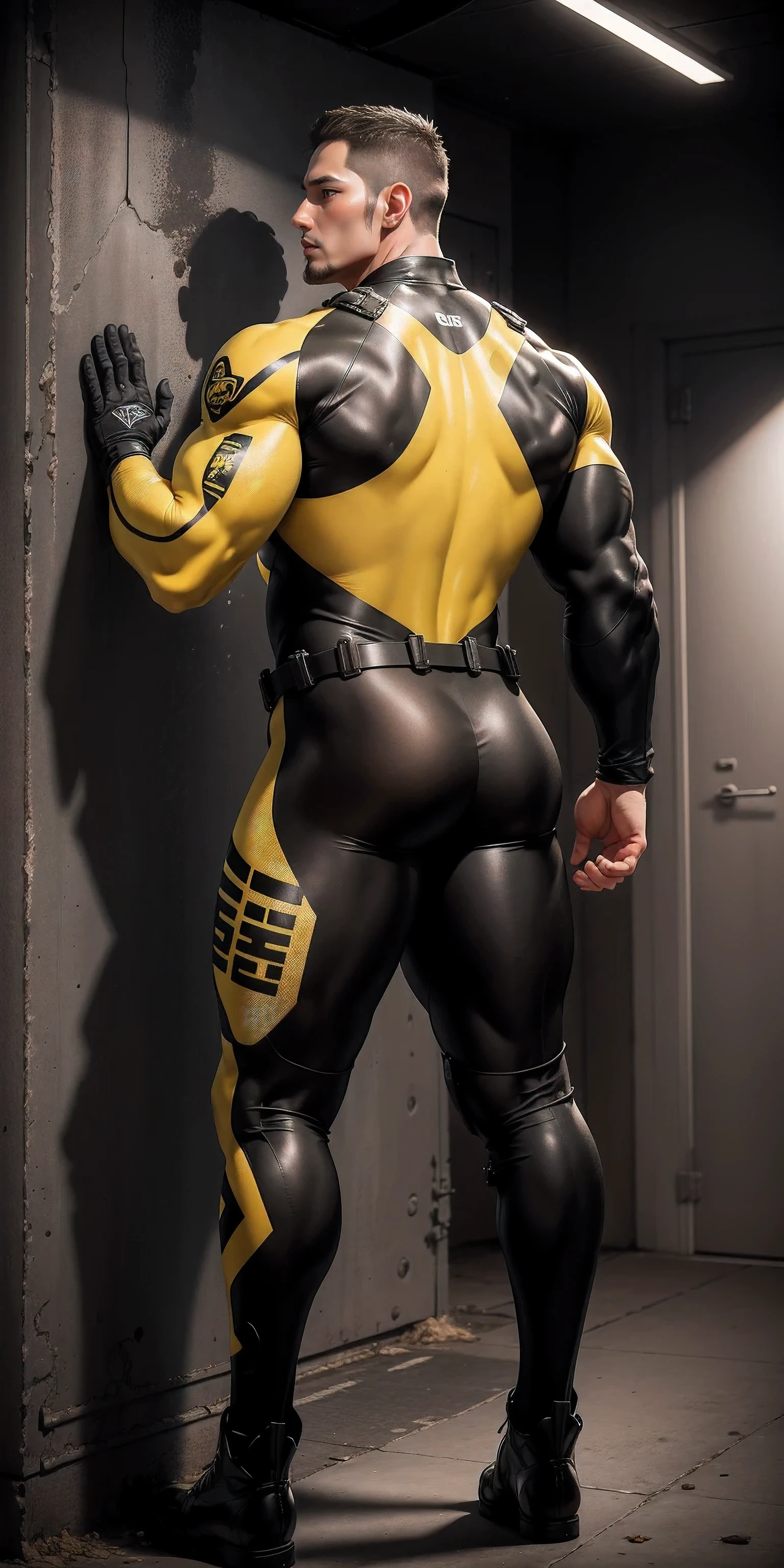 Tall giant muscular police officer back view.,Yellow and gray khaki camouflage wetsuit,Stick to the wall and hug the wall,Straighten your hips,character idea(Resident Evil - chris redfield,chris redfield)senior police officer,身穿Yellow and gray khaki camouflage wetsuit,matte texture,regular symmetrical texture pattern,Standing in the dark sugar cane jungle, The body is wrapped in thick rattan,sad expression,Deep and charming eyes,Emerald Pupil Hero,heroic male pose,高大burly,muscular!Charming leg muscles,High, burly, Heqiang, 身穿Yellow and gray khaki camouflage wetsuit, Super gain and cool, high resolution committee, Big feet in black boots,Charming strong man,The bright sunshine is shining on you,matte particles,shiny texture