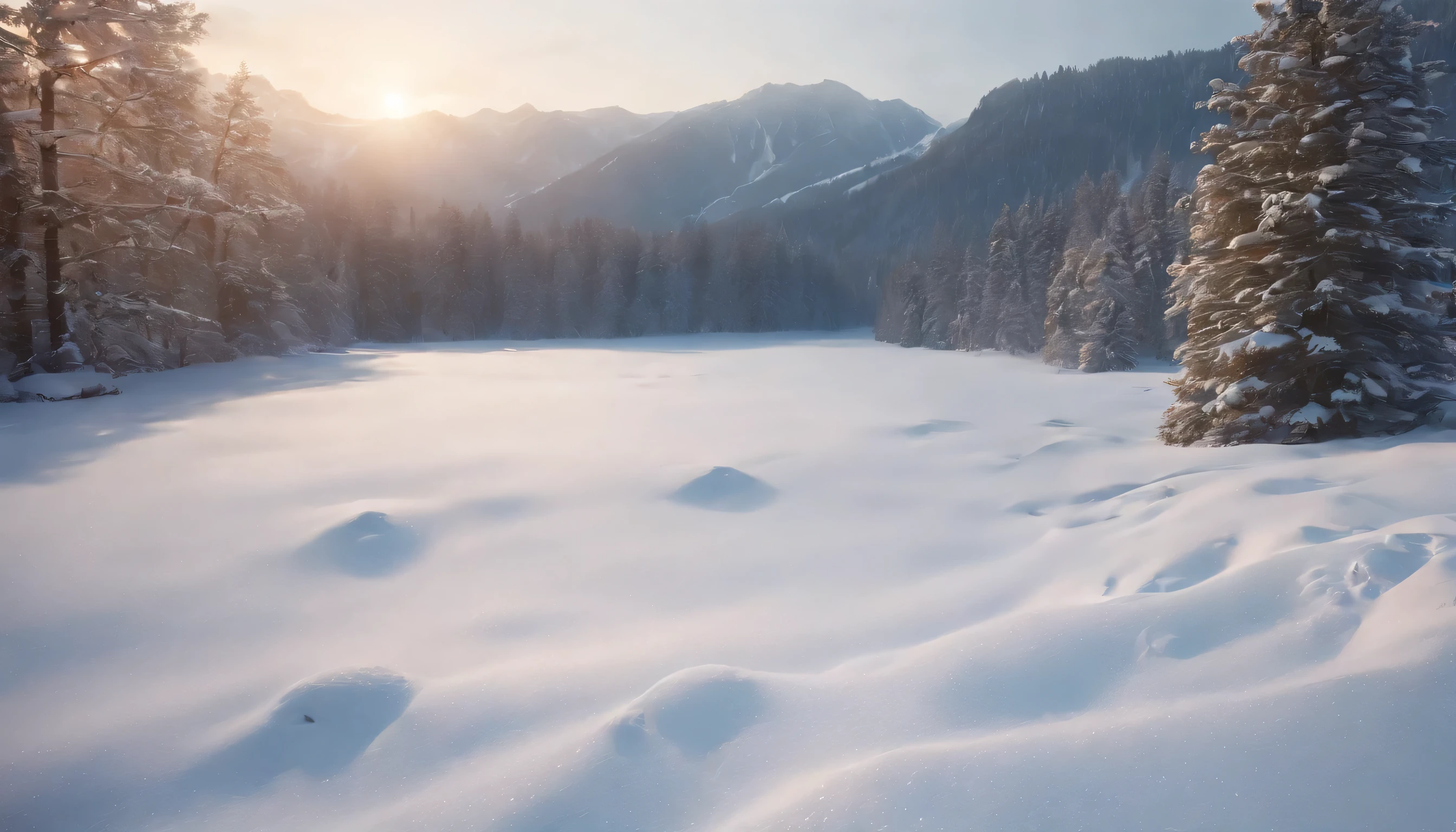 (Highly detailed CG Unity 8K wallpaper、masterpiece、highest quality、Super detailed)、(best lighting、best shadow、very delicate and beautiful)、highest quality、8K、Detailed facial depiction、masterpiece、highest quality、clear image quality、pine tree covered with snow々A photo of a beautiful scenery reflected at dawn