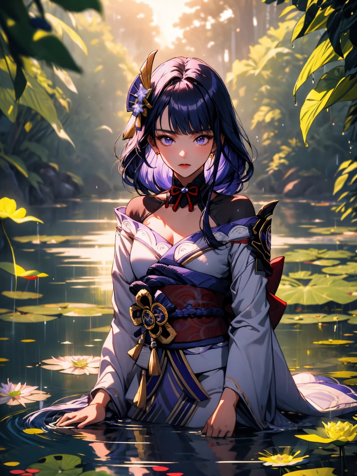 masterpiece, Wallpaper, summer pond, pond, afternoon sun, surrounded by lotus leaves, pond background, depth of field, hot weather, high definition detail, wet, ultra detail, movie,  soft light, deep field focus bokeh, Ray Tracing, Diffuse (Extra Fine Glass Reflections). raidenshogundef,raidenshogunrnd




