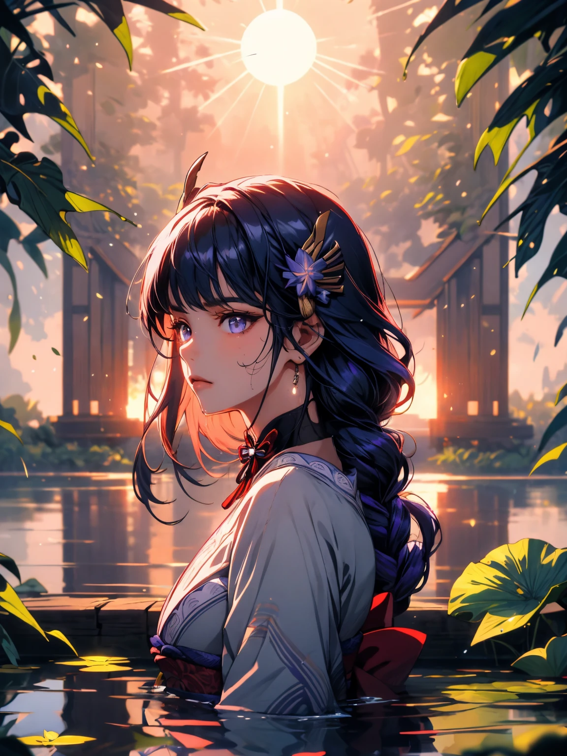 masterpiece, Wallpaper, summer pond, pond, afternoon sun, surrounded by lotus leaves, pond background, depth of field, hot weather, high definition detail, wet, ultra detail, movie, soft light, deep field focus bokeh, Ray Tracing, Diffuse (Extra Fine Glass Reflections). raidenshogundef,raidenshogunrnd
