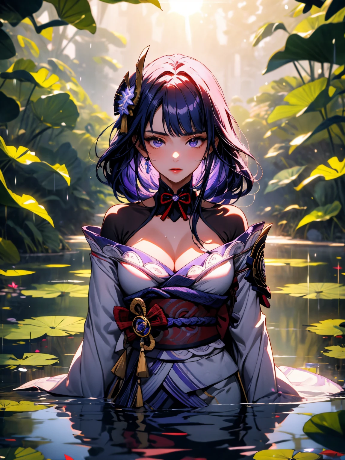 masterpiece, Wallpaper, summer pond, pond, afternoon sun, surrounded by lotus leaves, pond background, depth of field, hot weather, high definition detail, wet, ultra detail, movie, soft light, deep field focus bokeh, Ray Tracing, Diffuse (Extra Fine Glass Reflections). raidenshogundef,raidenshogunrnd