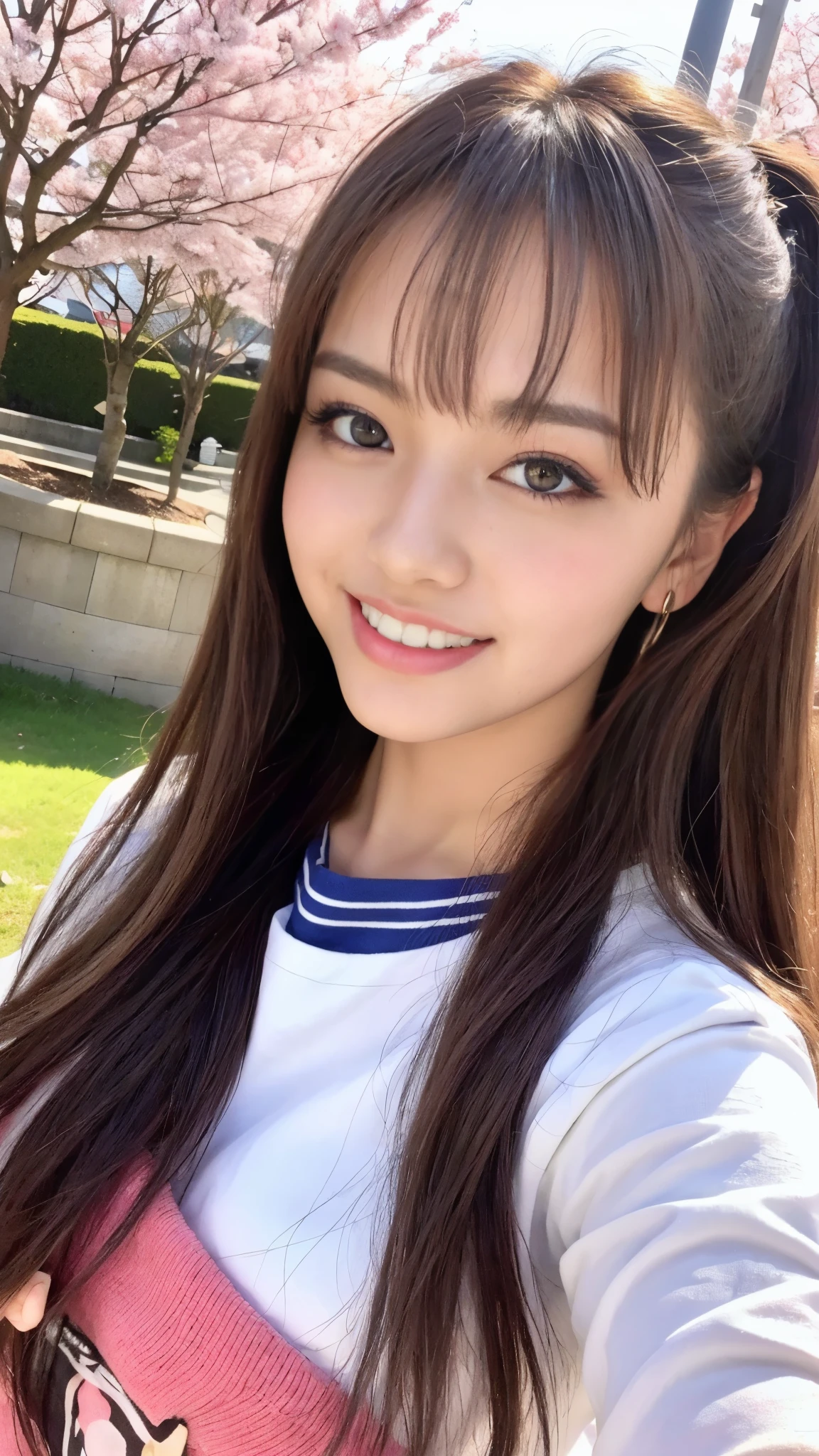 (8K, RAW photo, highest quality, masterpiece: 1.2), Super detailed, super resolution, (realistic, real photos: 1.37), (photorealistic: 1.6), portrait, High resolution RAW color photos, professional photos, very detailed and beautiful, real light (smile showing teeth), pointing at the camera (Point here), Beautiful scenery with mixed lights, Cherry blossoms are dancing, 女性校正者の周りでCherry blossoms are dancing, A female proofreader is facing me, her hair shining beautifully in the sunlight., redness under the eyes, cute pose, wait. Super high quality, 8K wallpaper, super cute smile, Transcendent cute face, amazing details, red scarf, Highly detailed beautiful girl face with different patterns, One is a ponytail, modern and cute , Highly detailed face Highly detailed eyes, very realistic skin, very fine fingers, very small nose, highly detailed mouth, perfect anatomy, very elaborate sailor suit, highly detailed background, after school. Long straight hair full of smiles, (dull bangs: 1.2), , A high school girl&#39;s youthful celebrity-level cuteness , (pink eyeshadow)