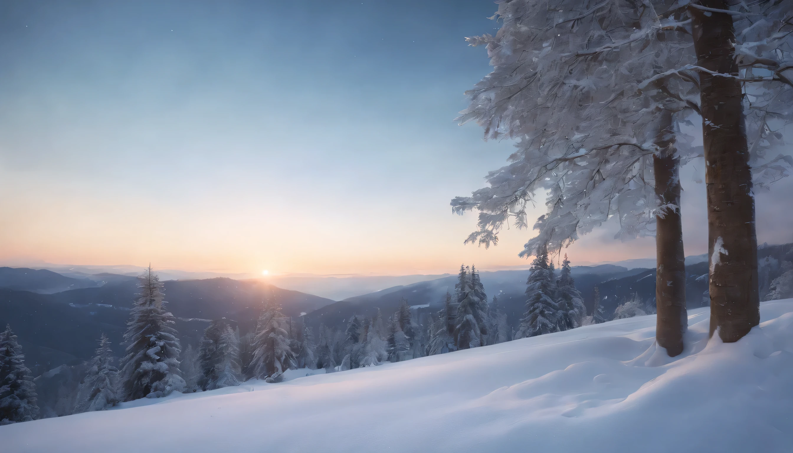 (Highly detailed CG Unity 8K wallpaper、masterpiece、highest quality、Super detailed)、(best lighting、best shadow、very delicate and beautiful)、highest quality、8K、Detailed facial depiction、masterpiece、highest quality、clear image quality、pine tree covered with snow々A photo of a beautiful scenery reflected at dawn