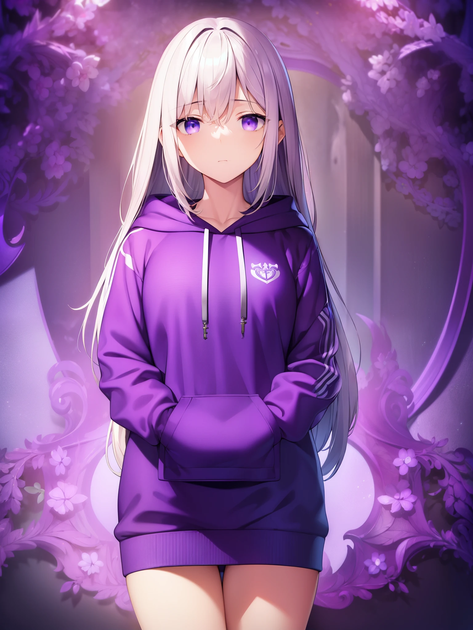 (masterpiece、highest quality:1.6)、Alone、thick outline、(simple background、Vivid purple background、monochrome、bright purple theme:1.2)、official art、Key Visual、8K、confusion、whole body、(Unique hair、oversized hoodie) 、hot pants、arch back、short torso:1.2)、belly button、thighs、cowboy shot、HDR、sharp focus、High resolution、most detailed、very detailed、very detailed、finely、detailed eyes and face、sharp pupils、real student、one person、purple and white contrast、one person、put one's hand in one's pocket