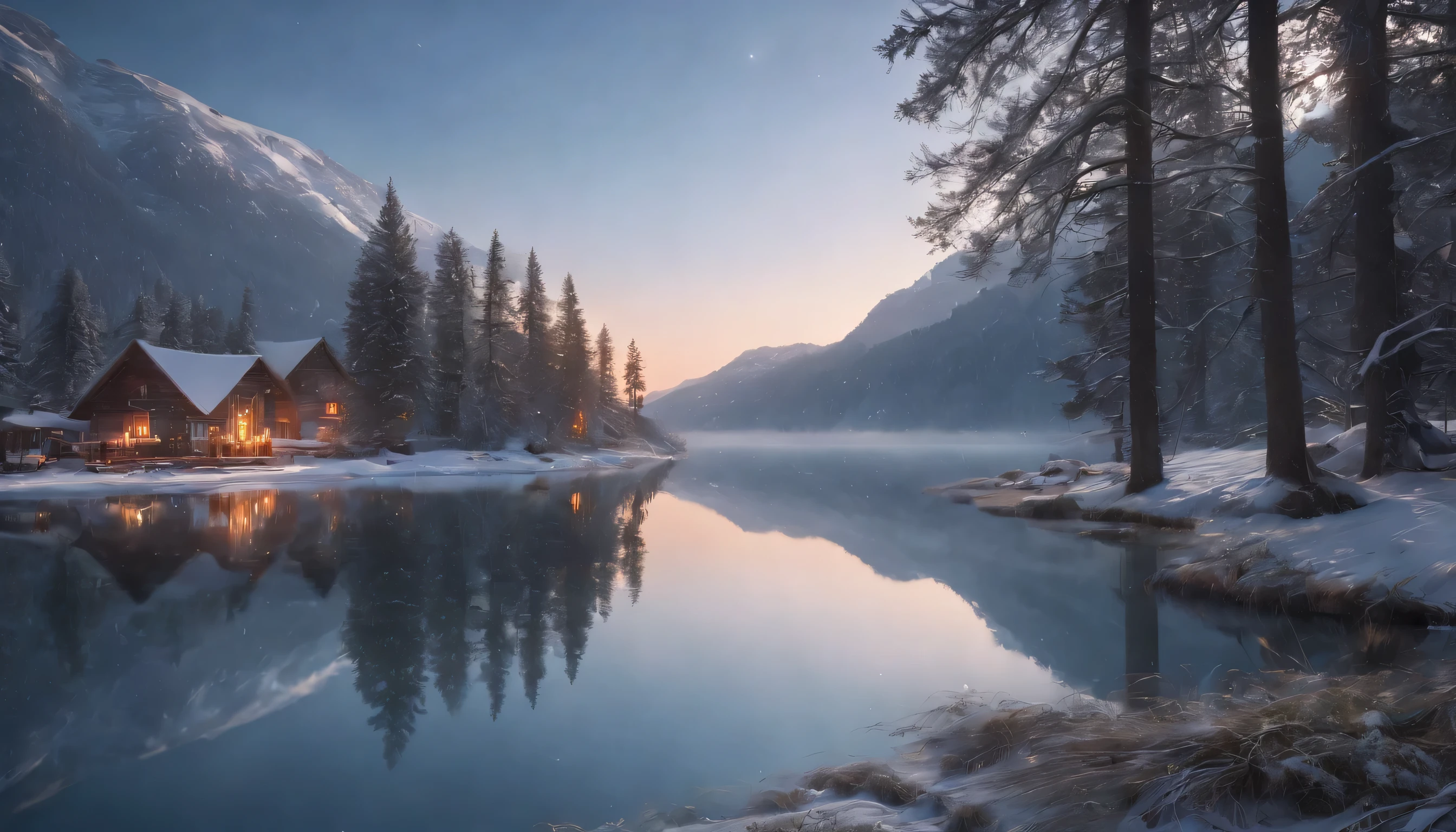 (Highly detailed CG Unity 8K wallpaper、masterpiece、highest quality、Super detailed)、(best lighting、best shadow、very delicate and beautiful)、highest quality、8K、Detailed facial depiction、masterpiece、highest quality、clear image quality、pine tree covered with snow々A photo of a beautiful scenery reflected at dawn