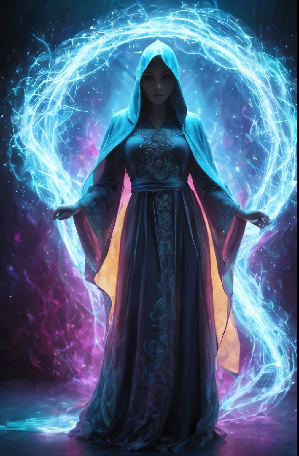 One ultra hot gorgeous European woman. Age 23. She’s a playmate, men magazine model. in a long dress with glowing arms and a hood, flowing magical robe, flowing robes, casting a multi colored spell, dark flowing robe, flowing robe, flowing magical flesh robe, ornate flowing robes, colorful robes, fantasy robe, ornate flowing robe, wearing flowing robes, cloaked woman, sorceress, a beautiful sorceress, vibrant fantasy style