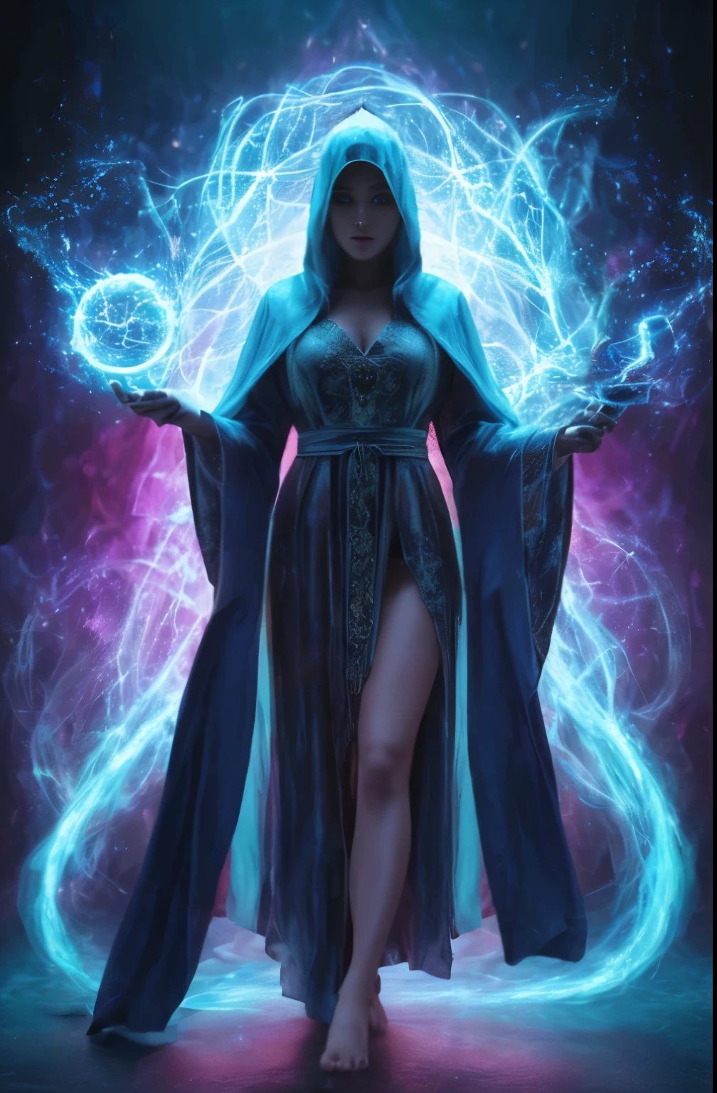 One ultra hot gorgeous European woman. Age 23. She’s a playmate, men magazine model. in a long dress with glowing arms and a hood, flowing magical robe, flowing robes, casting a multi colored spell, dark flowing robe, flowing robe, flowing magical flesh robe, ornate flowing robes, colorful robes, fantasy robe, ornate flowing robe, wearing flowing robes, cloaked woman, sorceress, a beautiful sorceress, vibrant fantasy style