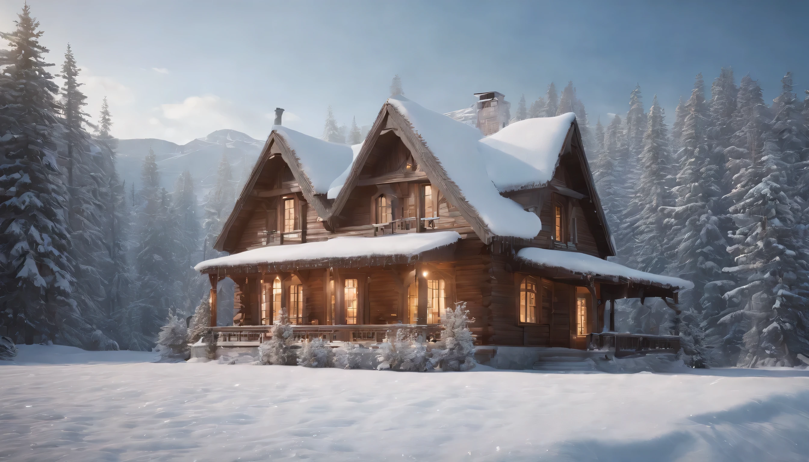 (Highly detailed CG Unity 8K wallpaper、masterpiece、highest quality、Super detailed)、(best lighting、best shadow、very delicate and beautiful)、highest quality、8K、Detailed facial depiction、masterpiece、highest quality、clear image quality、Photo of a small house buried in snow and the surrounding snowy landscape
