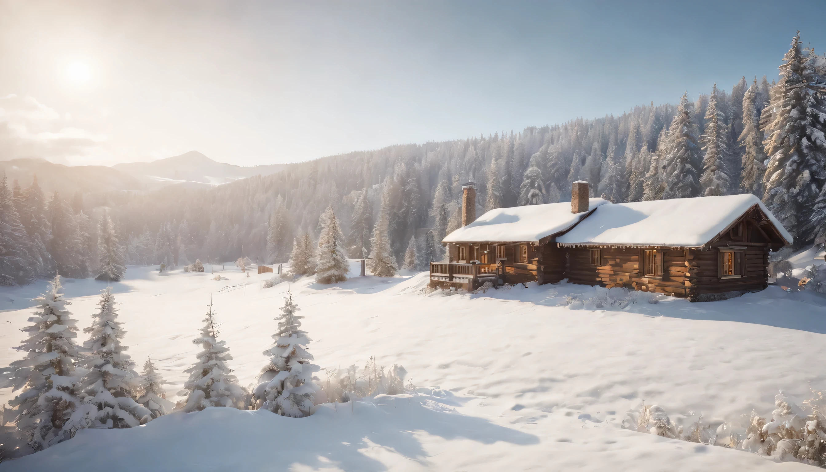 (Highly detailed CG Unity 8K wallpaper、masterpiece、highest quality、Super detailed)、(best lighting、best shadow、very delicate and beautiful)、highest quality、8K、Detailed facial depiction、masterpiece、highest quality、clear image quality、Photo of a small house buried in snow and the surrounding snowy landscape