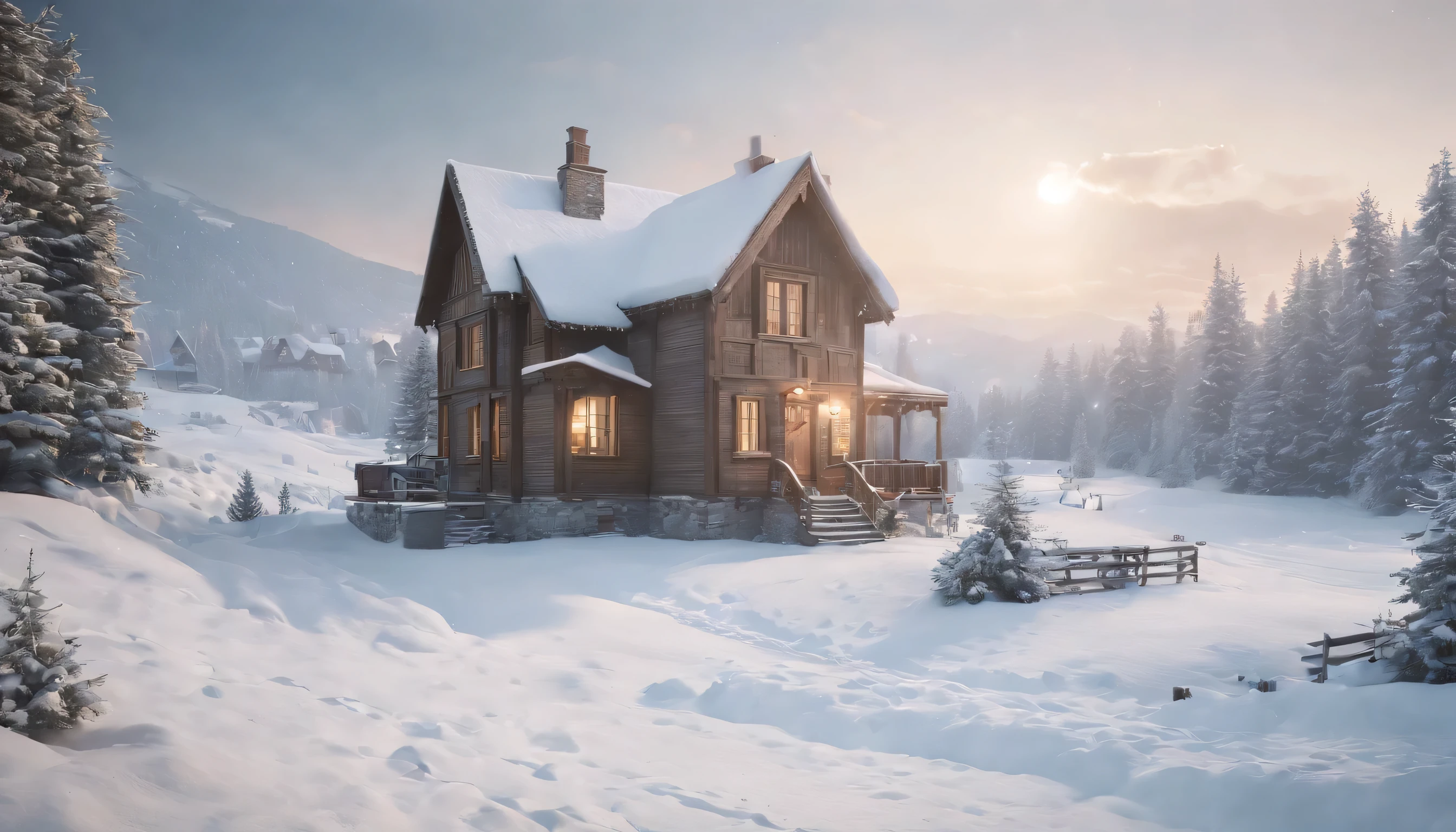 (Highly detailed CG Unity 8K wallpaper、masterpiece、highest quality、Super detailed)、(best lighting、best shadow、very delicate and beautiful)、highest quality、8K、Detailed facial depiction、masterpiece、highest quality、clear image quality、Photo of a small house buried in snow and the surrounding snowy landscape