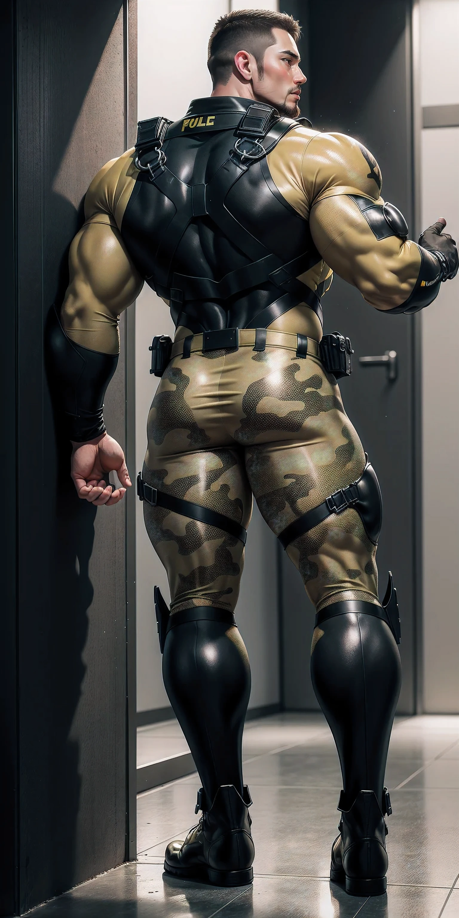 Tall giant muscular police officer back view.，Yellow and gray khaki camouflage uniform，Stick to the wall and hug the wall，Straighten your hips，character idea（Resident Evil - chris redfield，chris redfield）senior police officer，Wearing a yellow and gray khaki camouflage diving suit，matte texture，regular symmetrical texture pattern，Standing in the dark sugar cane jungle, The body is wrapped in thick rattan，sad expression，Deep and charming eyes，Emerald Pupil Hero，heroic male pose，高大burly，muscular！Charming leg muscles，High, burly, Heqiang， Wearing a yellow and gray khaki camouflage diving suit， Super gain and cool， high resolution committee， Big feet in black boots，Charming strong man，The bright sunshine is shining on you，matte particles，shiny texture