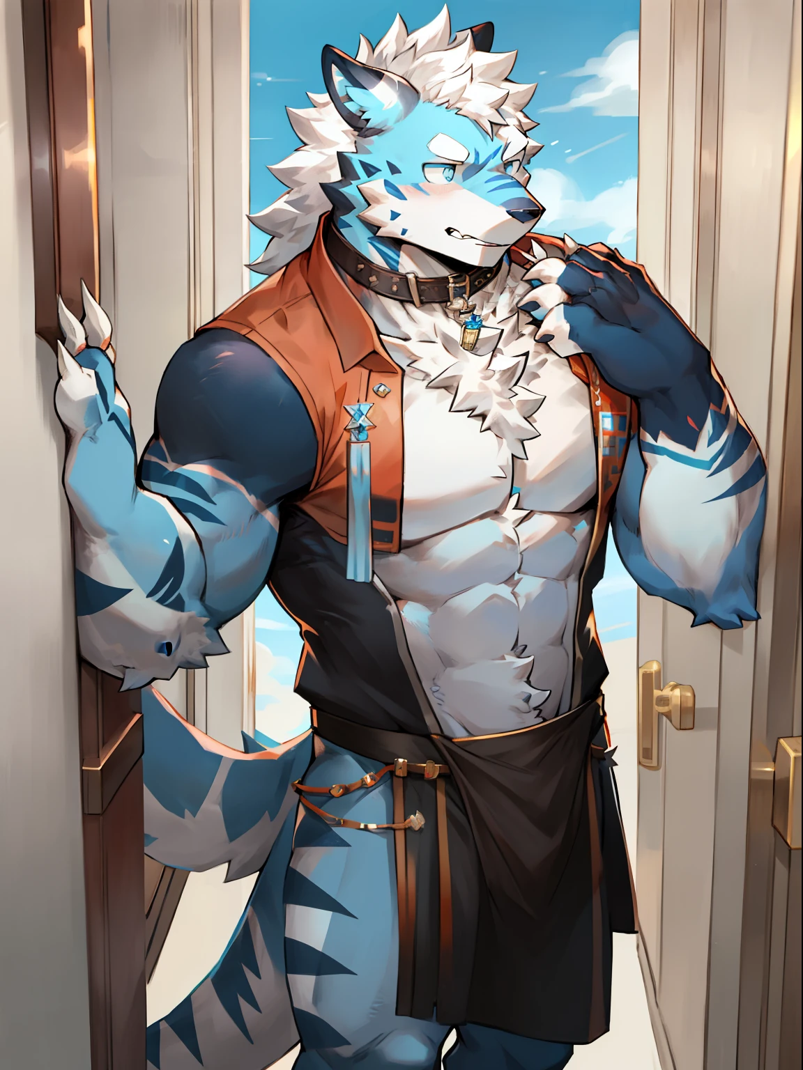 one person,solo,full body portrait,毛茸茸的male,hairy body,correct anatomy,Perfect and detailed eyes,Perfect facial wear developed,Black loincloth,muscular,long white hair,aldult(thin tall body type),male,sky blue skin,pure white stripes,light purple stripes,blue eyes,sharp claws,Lovely肉垫,collar,collar,Lovely,Handsome,Charm,arrogant,big wolf tail,Full body male love,At the door,Courier,Sunny and handsome