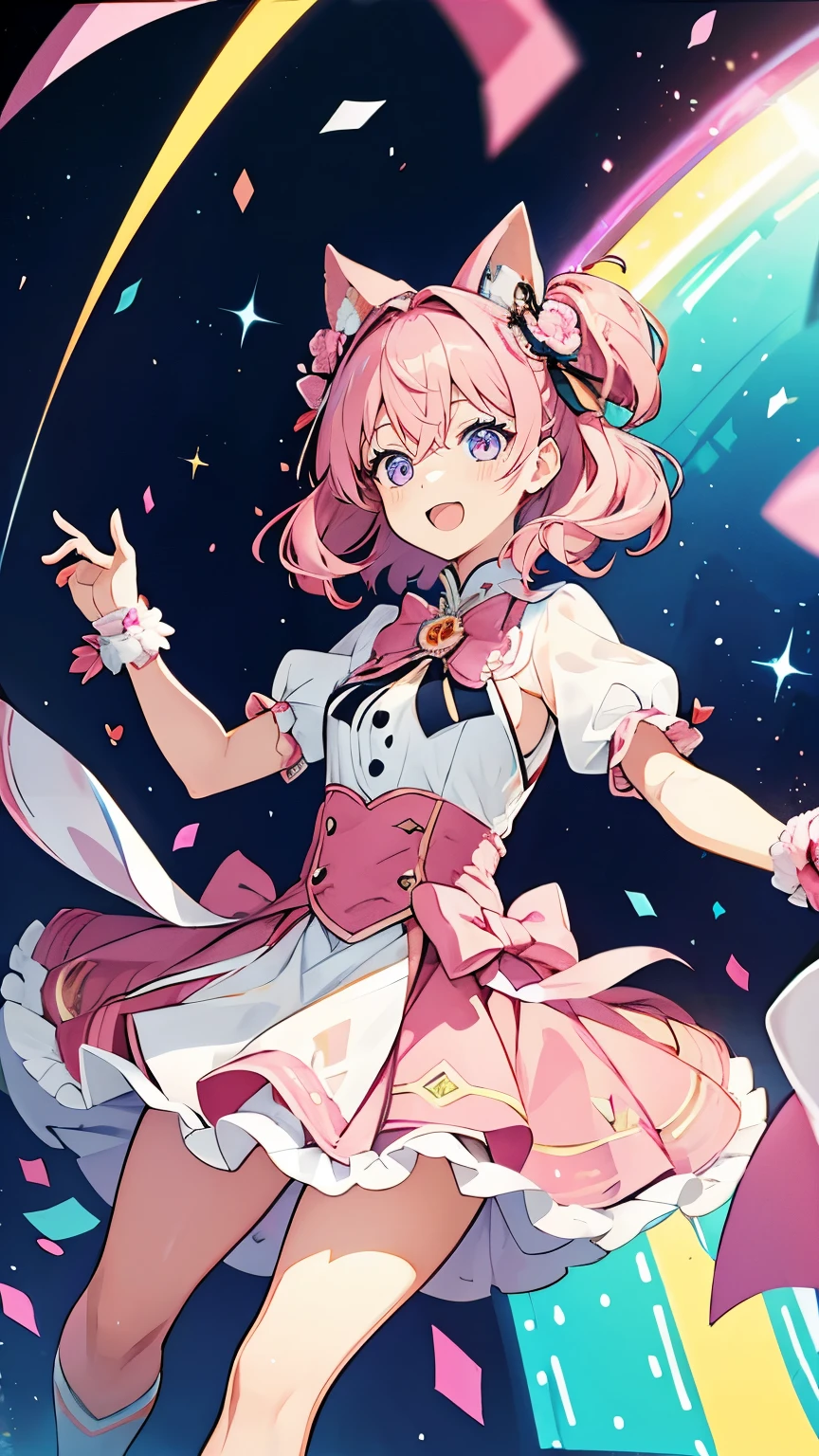 (muste piece), (best quality), very detailed, ((1 girl)), solo focus,Low - Angle,dynamic,jump,((happy face)),perfect face, beautiful face, very detailedな顔,(Pink longhair_pink eyes:1.3),idol costume,Solo Idol,Ribbon hair ornament,concert dome,live,have a microphone,singing,Smiling with mouth wide open,Laser Light,confetti,
