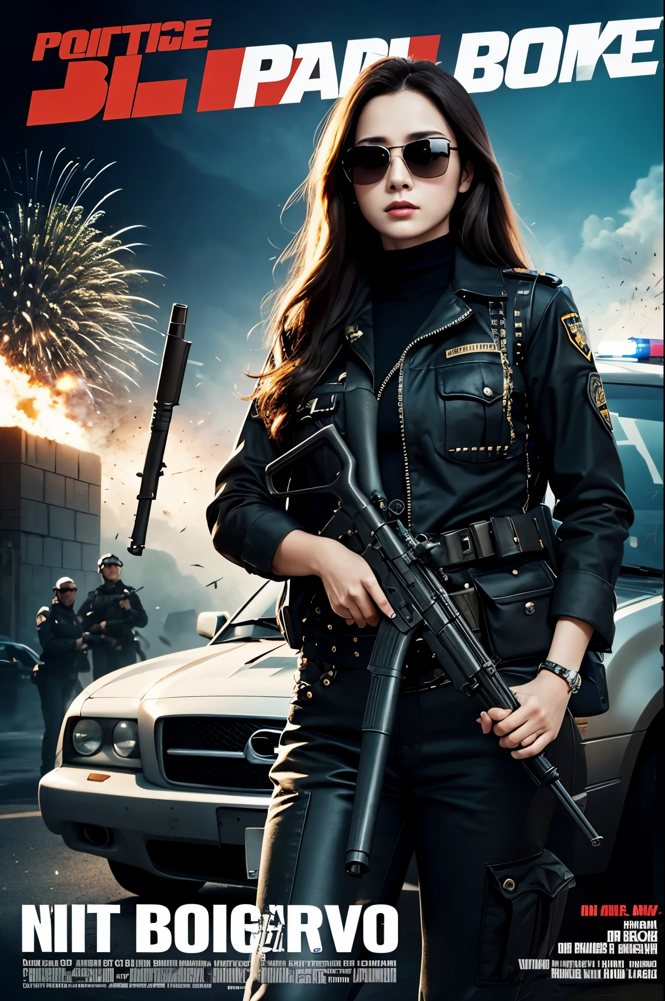 Police movie poster, beautiful woman, medium dark long hair,sunglasses, with big gun in hands, black clothes, rivets, explosions, cars, airplanes, just one body