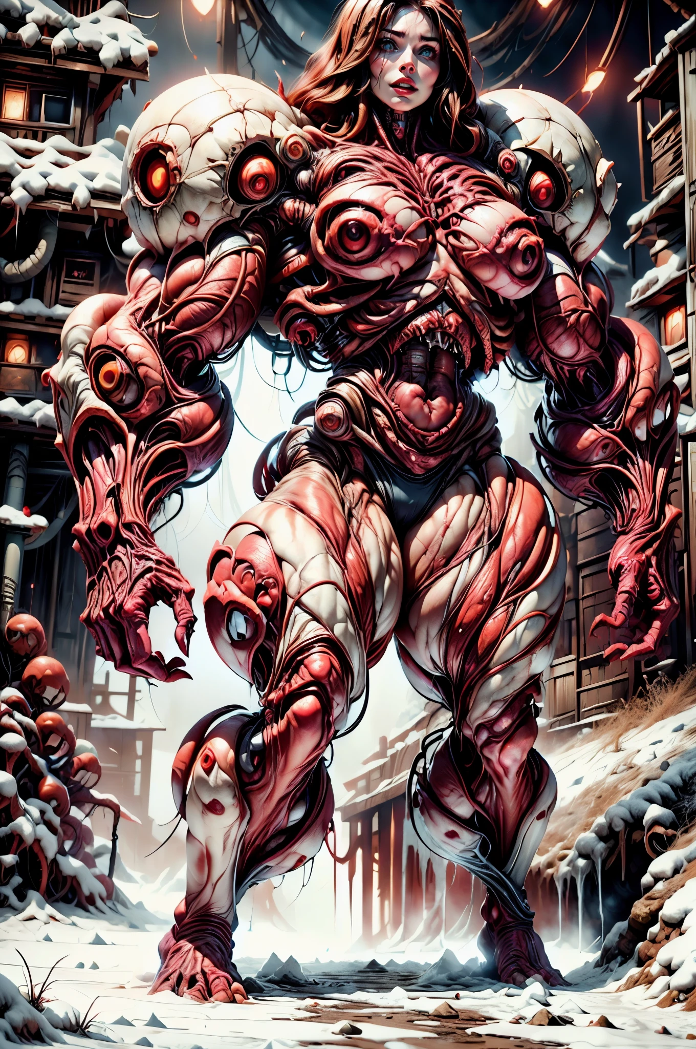 Character description: (1 girl), (muscular succubus demoness), (carnage skinless physique:1.25), (megan fox:1.25), (huge giagantic wings & horns:1.25), (undead skinless succubus:1.25), (covered in red necrotic rotting skinless muscle:1.25), (exposed muscular anatomy:1.25), (large demonic claws:1.25). 
Character pose: Standing with legs closed, Arms spread apart, Wings spread out, (Whole body pose), Front View. 
Character expression: psychotic laughter, sharp teeth, beautiful demonic face, red eyes, scary and horrific. 
Scene description: anatomic tech world morph, hellish landscape, Hellraiser like atmosphere. 
Scene Quality: (8k, RAW photo, photorealistic:1.25).
