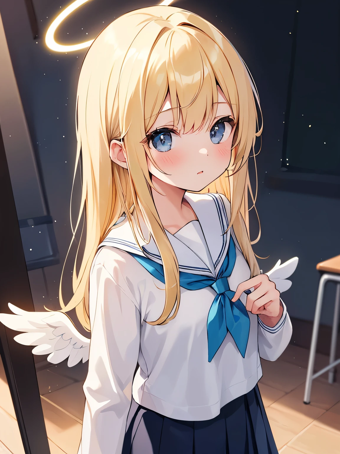 {{{masterpiece}}}, {{{highest quality}}},(girl、, Angel:1.5、halo、blonde、school uniform、, particles of light、fantasy)high contract、best lighting、most detailed、cinematic angle、