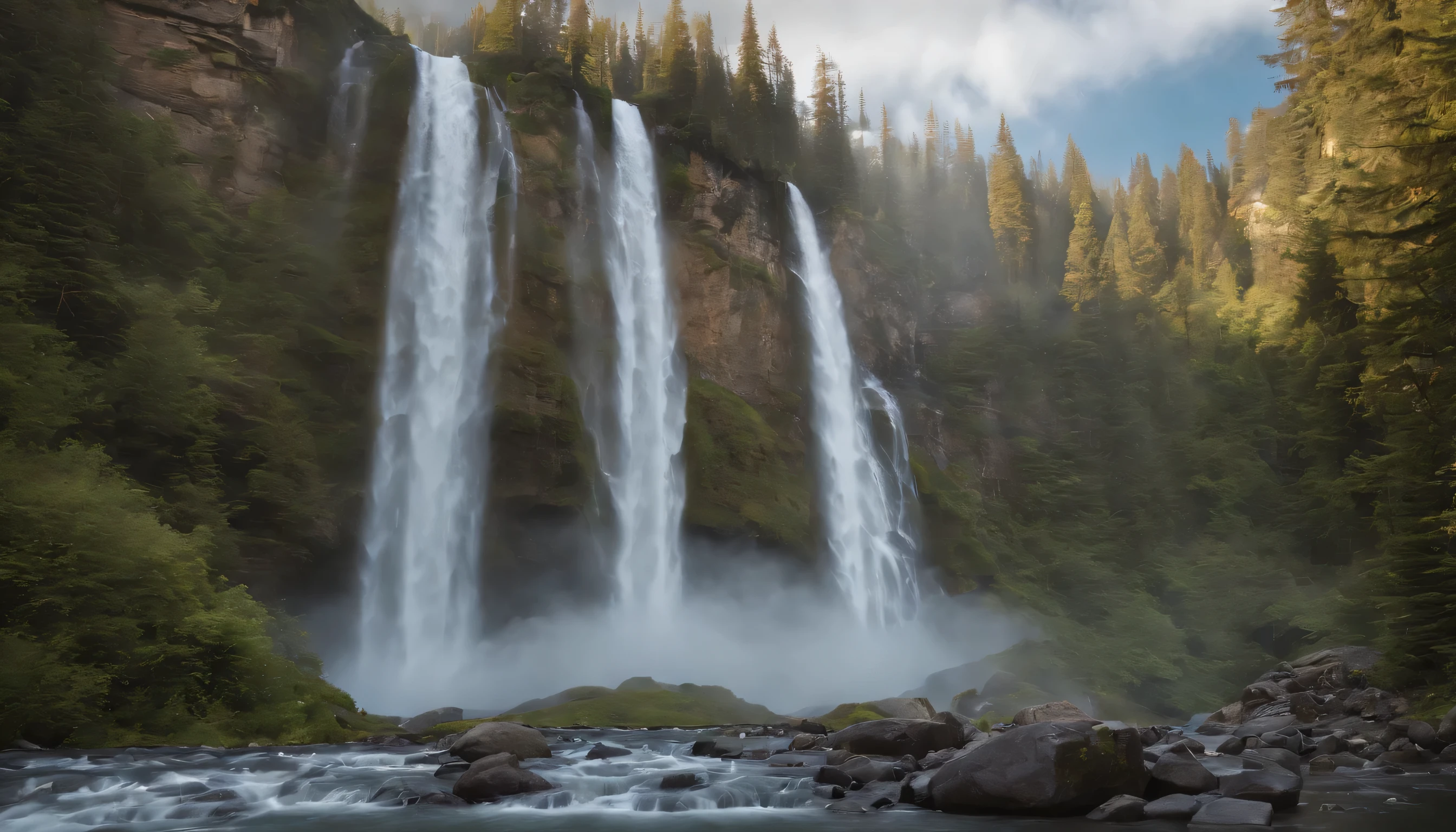 (Highly detailed CG Unity 8K wallpaper、masterpiece、highest quality、Super detailed)、(best lighting、best shadow、very delicate and beautiful)、highest quality、8K、Detailed facial depiction、masterpiece、highest quality、clear image quality、
Photo of a beautiful waterfall with sparkling ice crystals