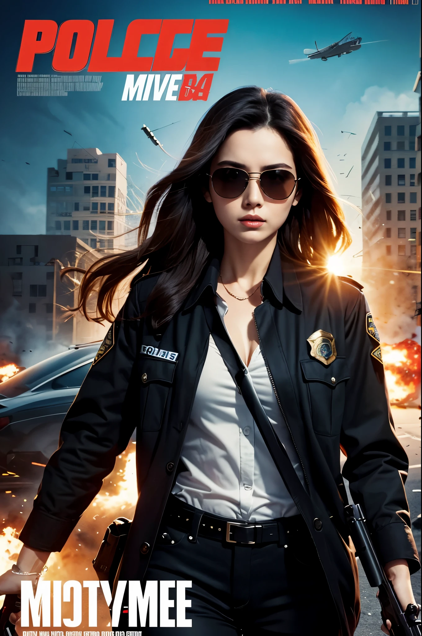 Police movie poster, beautiful woman, medium dark long hair,sunglasses, with big gun in hands, black clothes, rivets, explosions, cars, airplanes, just one body