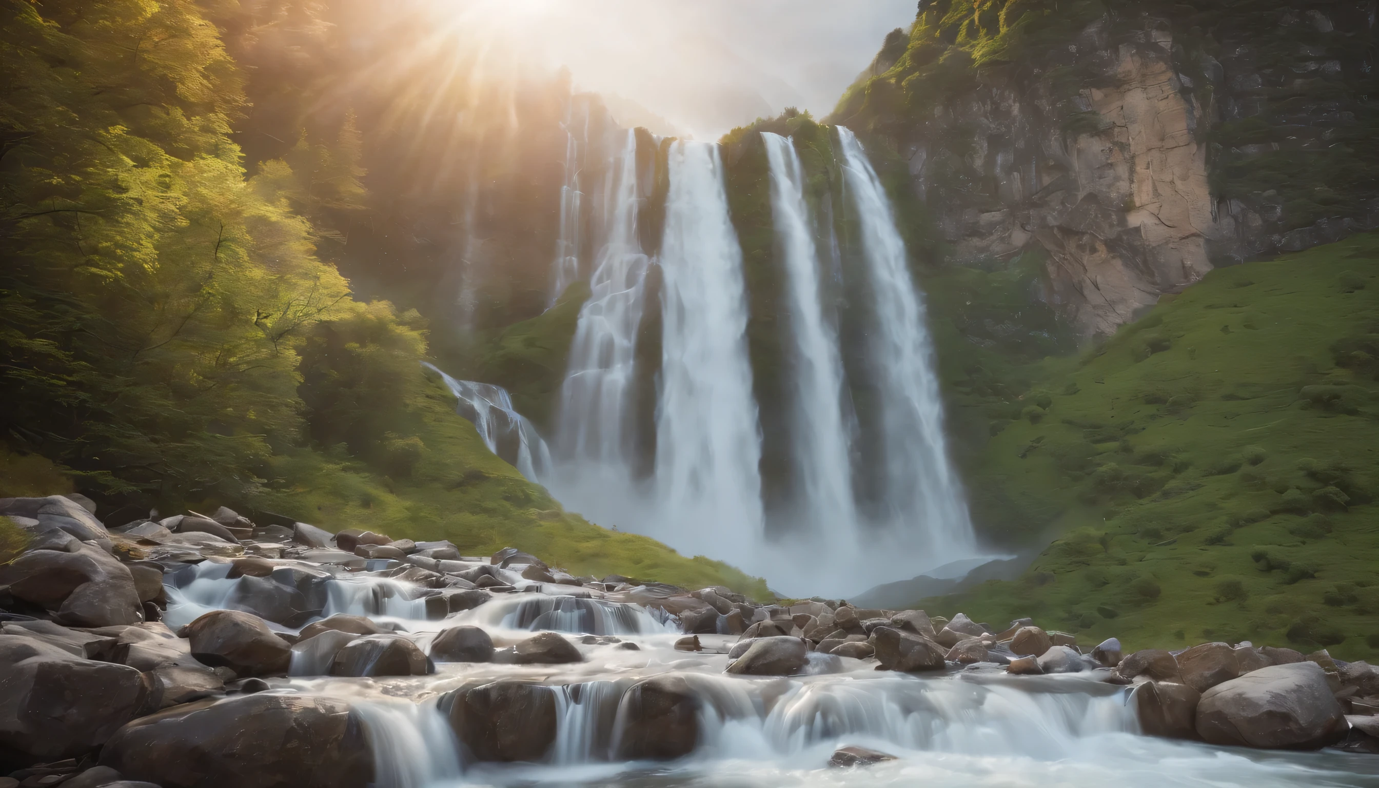 (Highly detailed CG Unity 8K wallpaper、masterpiece、highest quality、Super detailed)、(best lighting、best shadow、very delicate and beautiful)、highest quality、8K、Detailed facial depiction、masterpiece、highest quality、clear image quality、
Photo of a beautiful waterfall with sparkling ice crystals
