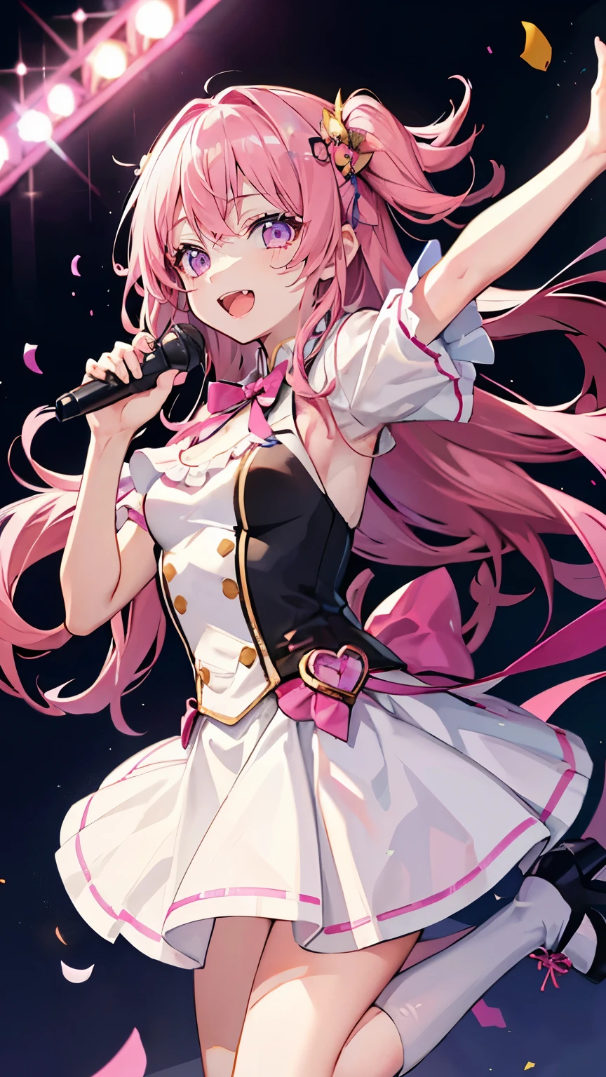 (muste piece), (best quality), very detailed, ((1 girl)), solo focus,Low - Angle,dynamic,jump,((happy face)),perfect face, beautiful face, very detailedな顔,(Pink longhair_pink eyes:1.3),idol costume,Solo Idol,Ribbon hair ornament,concert dome,live,have a microphone,singing,Smiling with mouth wide open,Laser Light,confetti,
