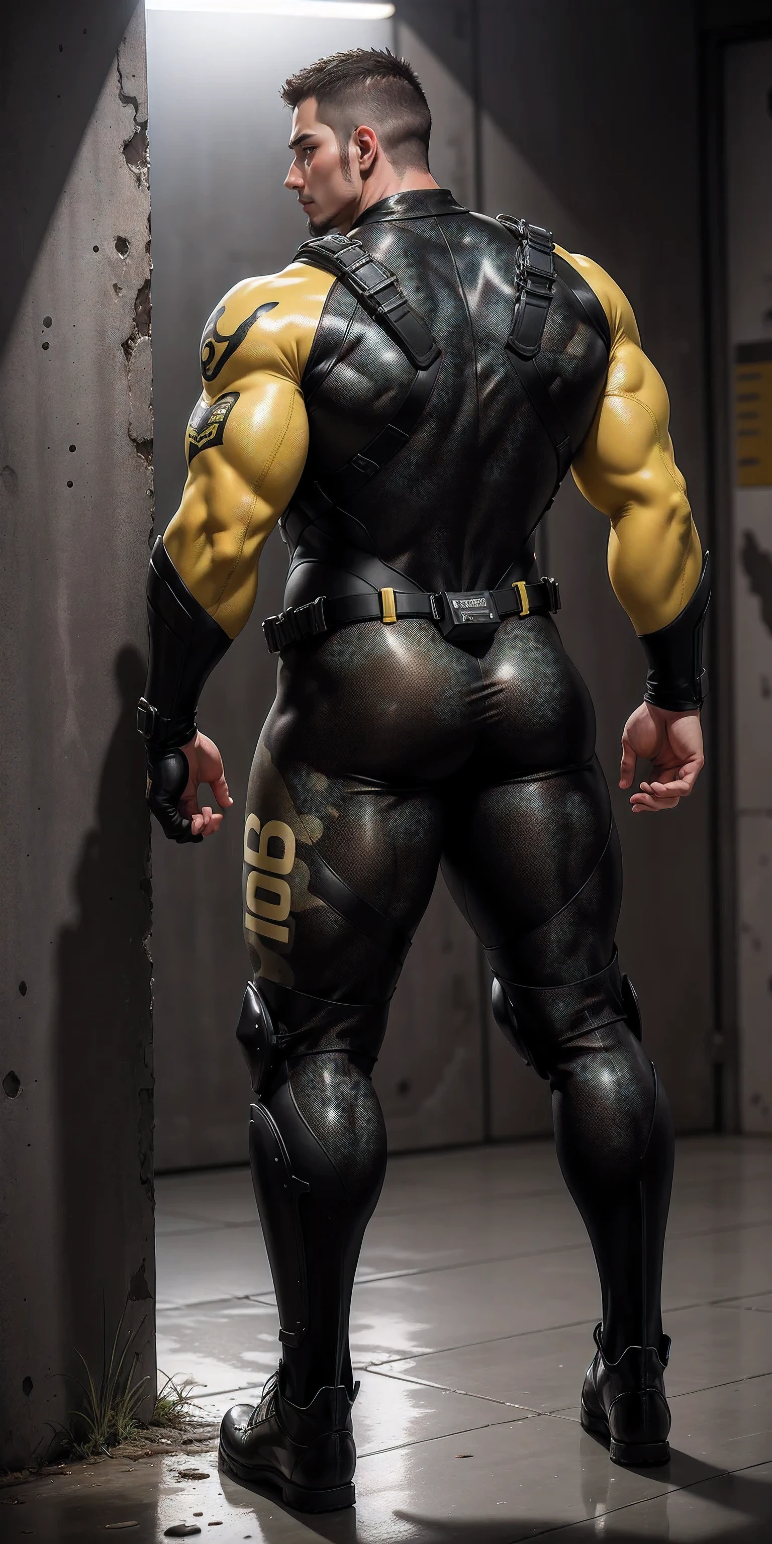 Tall giant muscular police officer back view.，Yellow and gray khaki camouflage wetsuit，Stick to the wall and hug the wall，Straighten your hips，character idea（Resident Evil - chris redfield，chris redfield）senior police officer，身穿Yellow and gray khaki camouflage wetsuit，matte texture，regular symmetrical texture pattern，Standing in the dark sugar cane jungle, The body is wrapped in thick rattan，sad expression，Deep and charming eyes，Emerald Pupil Hero，heroic male pose，高大burly，muscular！Charming leg muscles，High, burly, Heqiang， 身穿Yellow and gray khaki camouflage wetsuit， Super gain and cool， high resolution committee， Big feet in black boots，Charming strong man，The bright sunshine is shining on you，matte particles，shiny texture