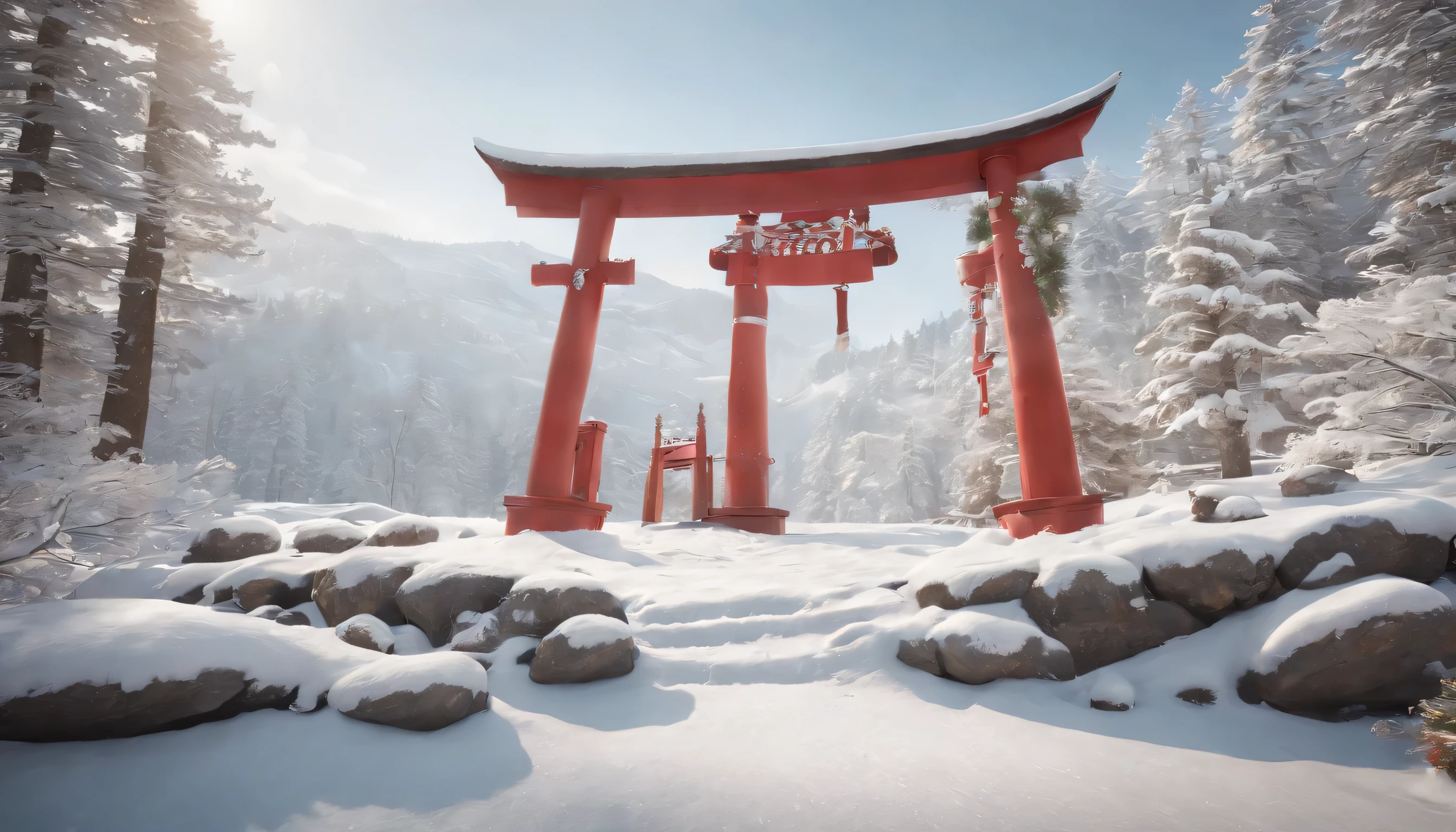 (Highly detailed CG Unity 8K wallpaper、masterpiece、highest quality、Super detailed)、(best lighting、best shadow、very delicate and beautiful)、highest quality、8K、Detailed facial depiction、masterpiece、highest quality、clear image quality、A photo of a red torii gate and a snow-capped pine tree in a silver world