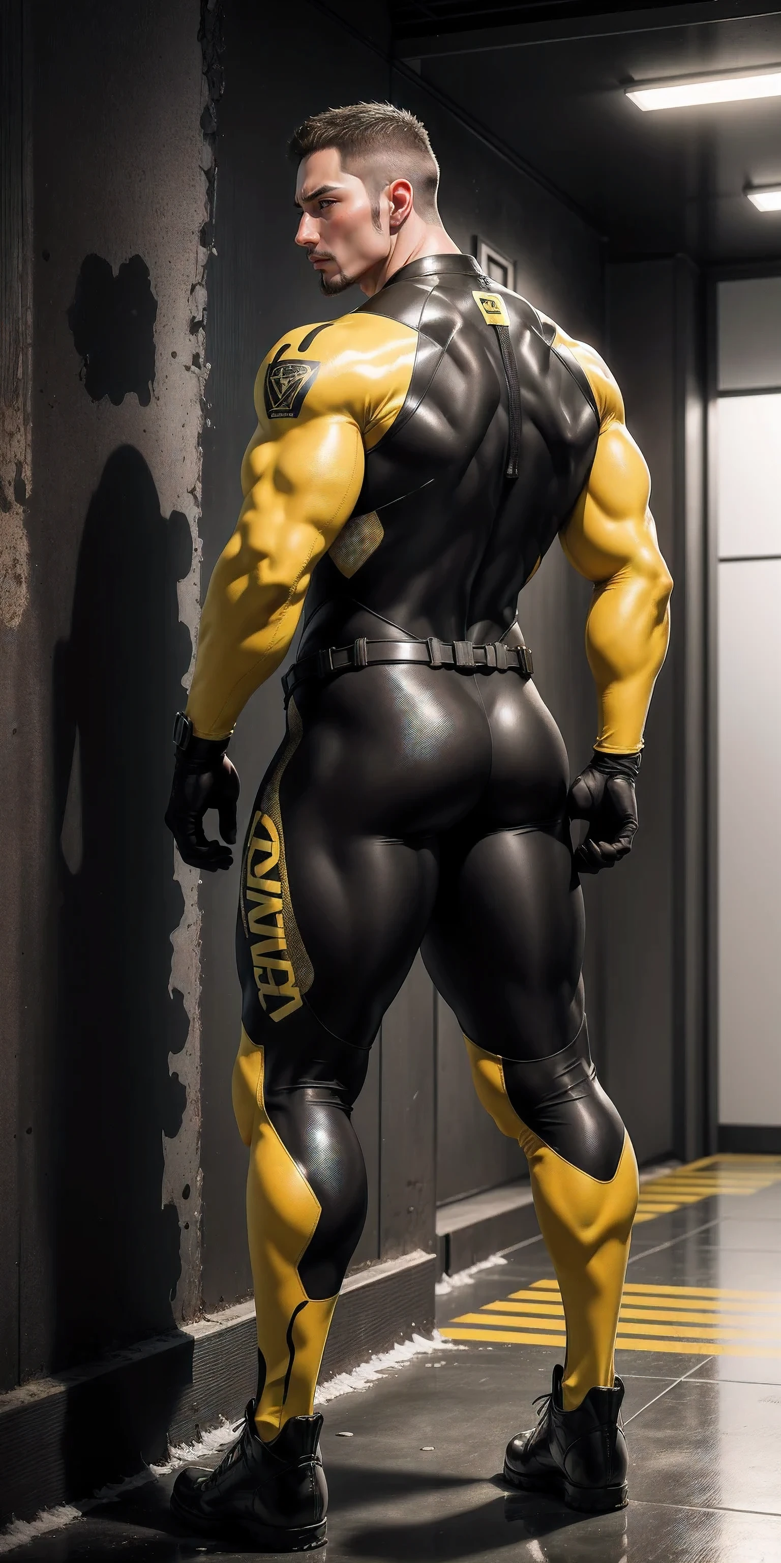 Tall giant muscular police officer back view.,Yellow and gray khaki camouflage wetsuit,Stick to the wall and hug the wall,Straighten your hips,character idea(Resident Evil - chris redfield,chris redfield)senior police officer,身穿Yellow and gray khaki camouflage wetsuit,matte texture,regular symmetrical texture pattern,Standing in the dark sugar cane jungle, The body is wrapped in thick rattan,sad expression,Deep and charming eyes,Emerald Pupil Hero,heroic male pose,高大burly,muscular!Charming leg muscles,High, burly, Heqiang, 身穿Yellow and gray khaki camouflage wetsuit, Super gain and cool, high resolution committee, Big feet in black boots,Charming strong man,The bright sunshine is shining on you,matte particles,shiny texture