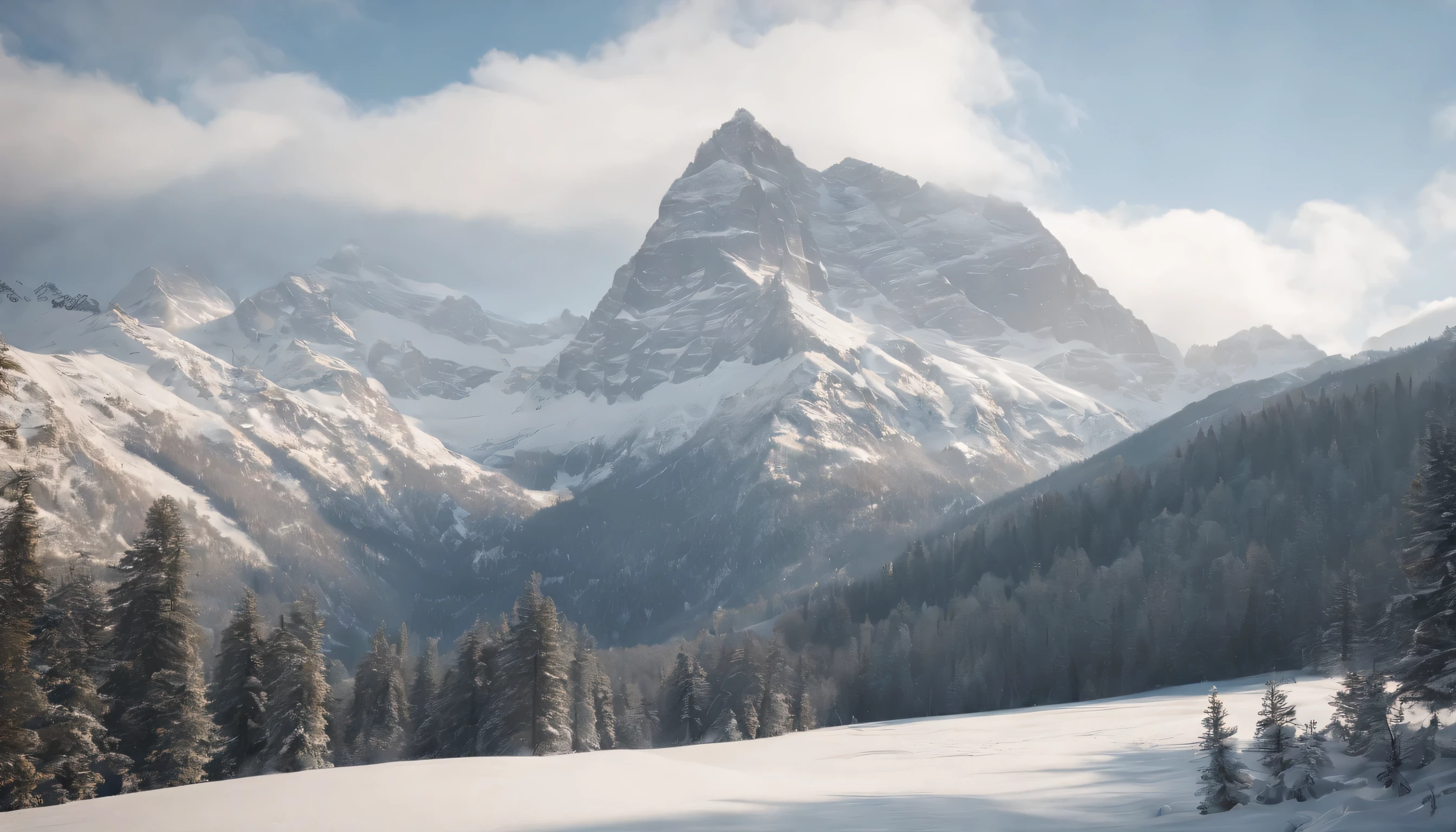 (Highly detailed CG Unity 8K wallpaper、masterpiece、highest quality、Super detailed)、(best lighting、best shadow、very delicate and beautiful)、highest quality、8K、Detailed facial depiction、masterpiece、highest quality、clear image quality、Beautiful mountain with cold sky and snow field々々Photo of
