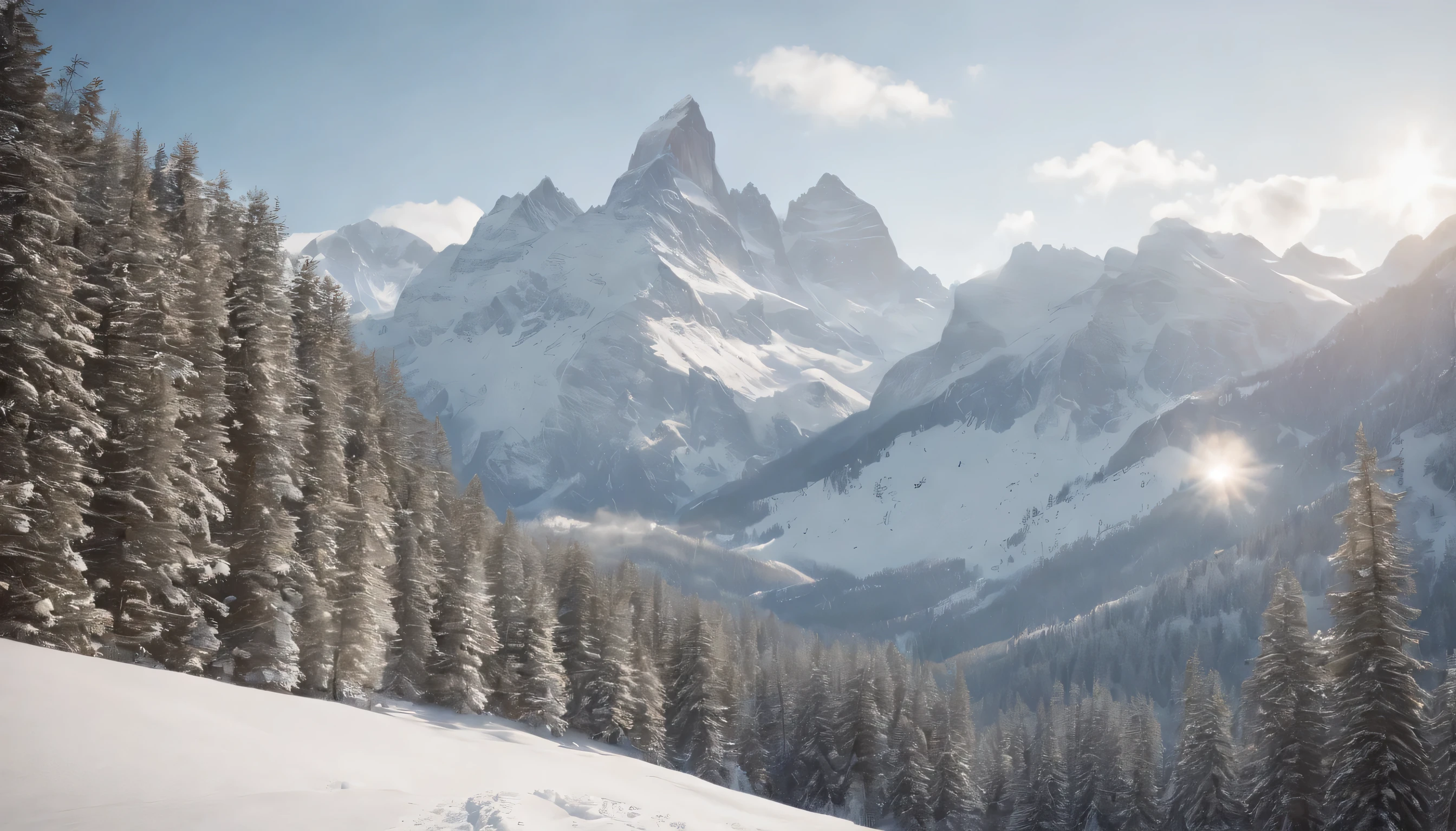 (Highly detailed CG Unity 8K wallpaper、masterpiece、highest quality、Super detailed)、(best lighting、best shadow、very delicate and beautiful)、highest quality、8K、Detailed facial depiction、masterpiece、highest quality、clear image quality、Beautiful mountain with cold sky and snow field々々Photo of