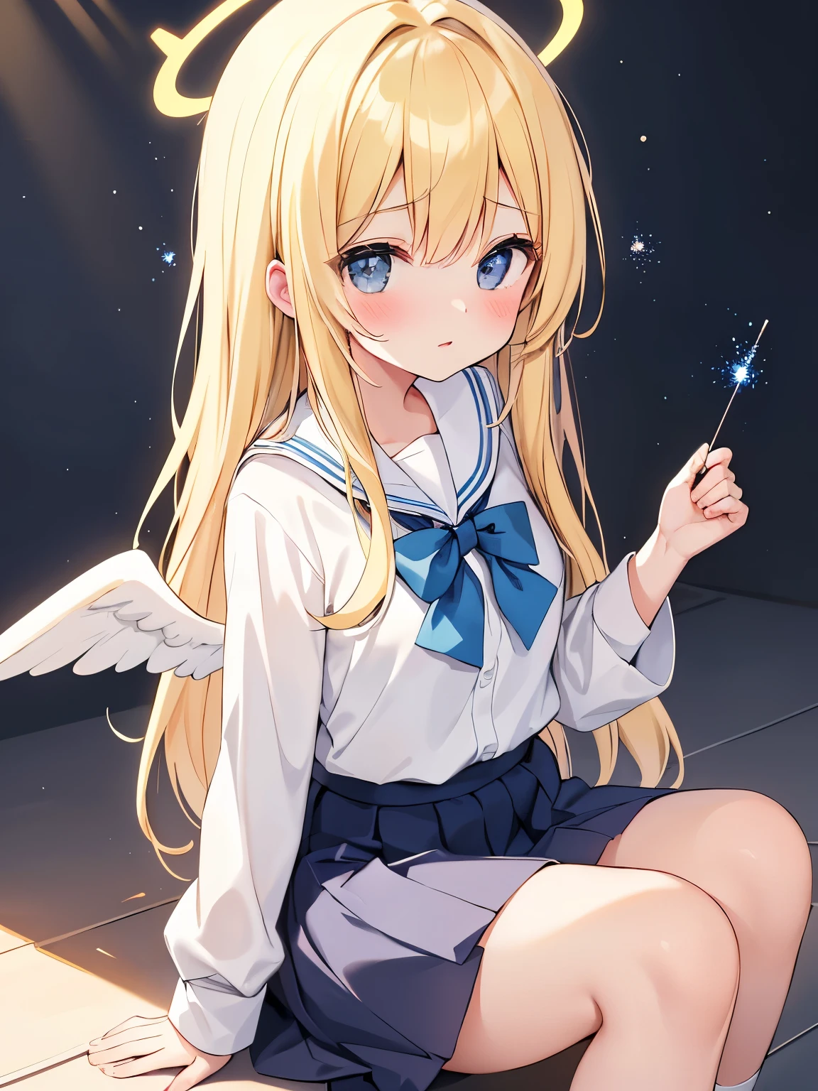 {{{masterpiece}}}, {{{highest quality}}},(girl、, Angel:1.5、halo、blonde、school uniform、, particles of light、fantasy)high contract、best lighting、most detailed、cinematic angle、