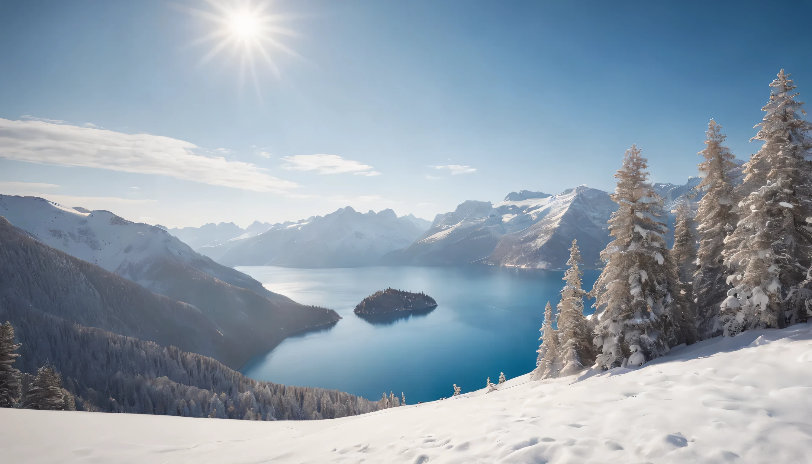 (Highly detailed CG Unity 8K wallpaper、masterpiece、highest quality、Super detailed)、(best lighting、best shadow、very delicate and beautiful)、highest quality、8K、Detailed facial depiction、masterpiece、highest quality、clear image quality、Snowy scenery and surrounding mountains reflected on the deep blue lake surface々々Photo of