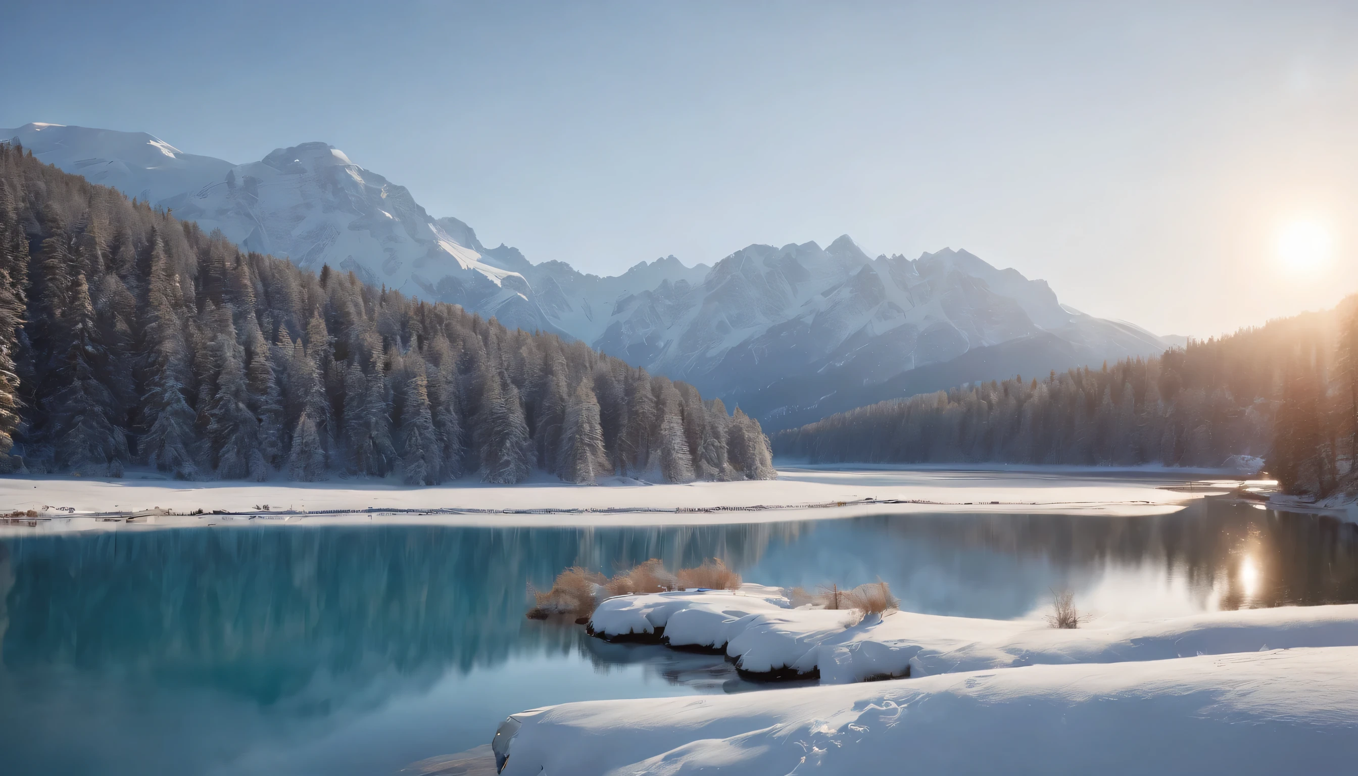(Highly detailed CG Unity 8K wallpaper、masterpiece、highest quality、Super detailed)、(best lighting、best shadow、very delicate and beautiful)、highest quality、8K、Detailed facial depiction、masterpiece、highest quality、clear image quality、Snowy scenery and surrounding mountains reflected on the deep blue lake surface々々Photo of