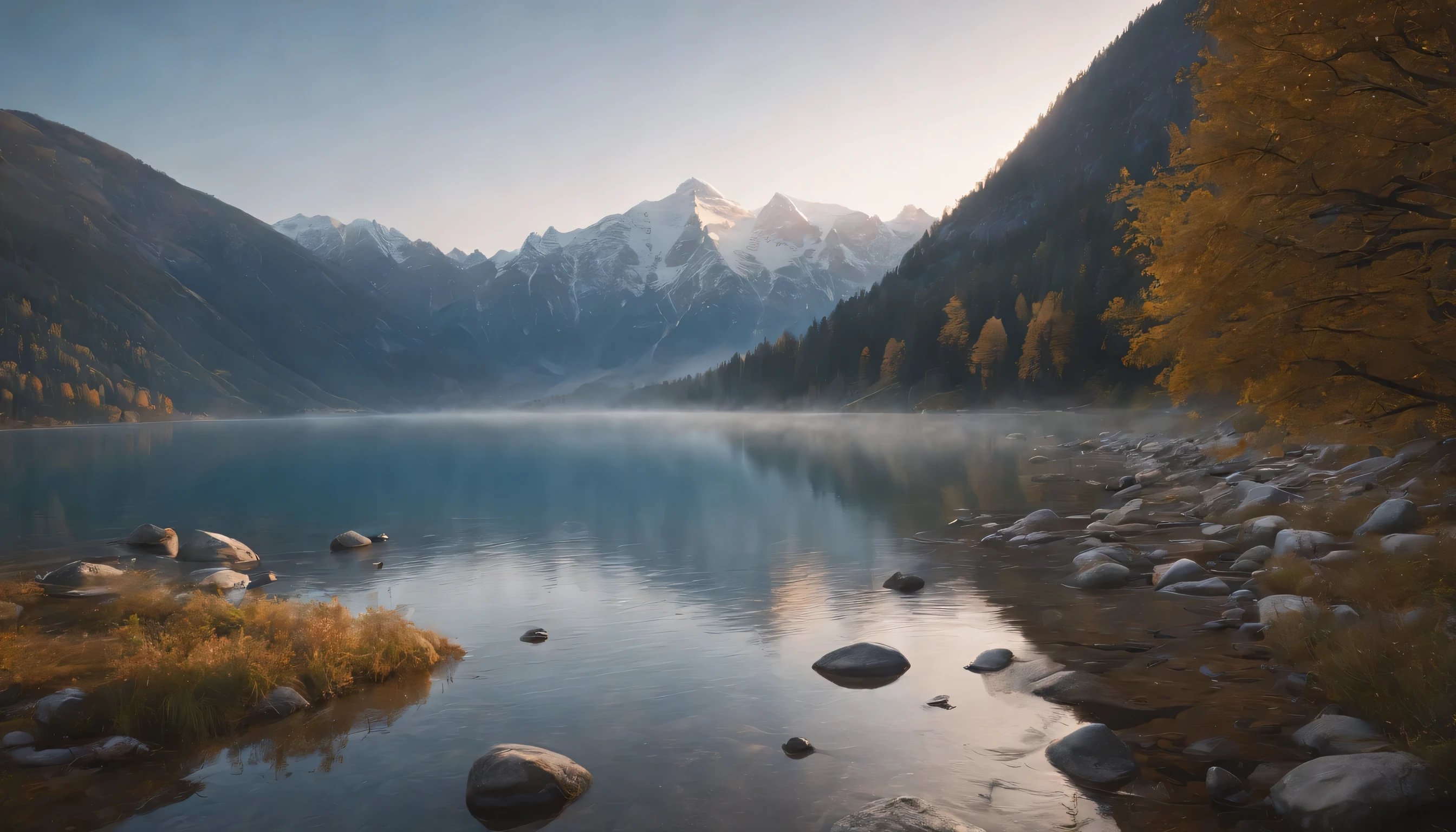 (Highly detailed CG Unity 8K wallpaper、masterpiece、highest quality、Super detailed)、(best lighting、best shadow、very delicate and beautiful)、highest quality、8K、Detailed facial depiction、masterpiece、highest quality、clear image quality、Snowy scenery and surrounding mountains reflected on the deep blue lake surface々々Photo of