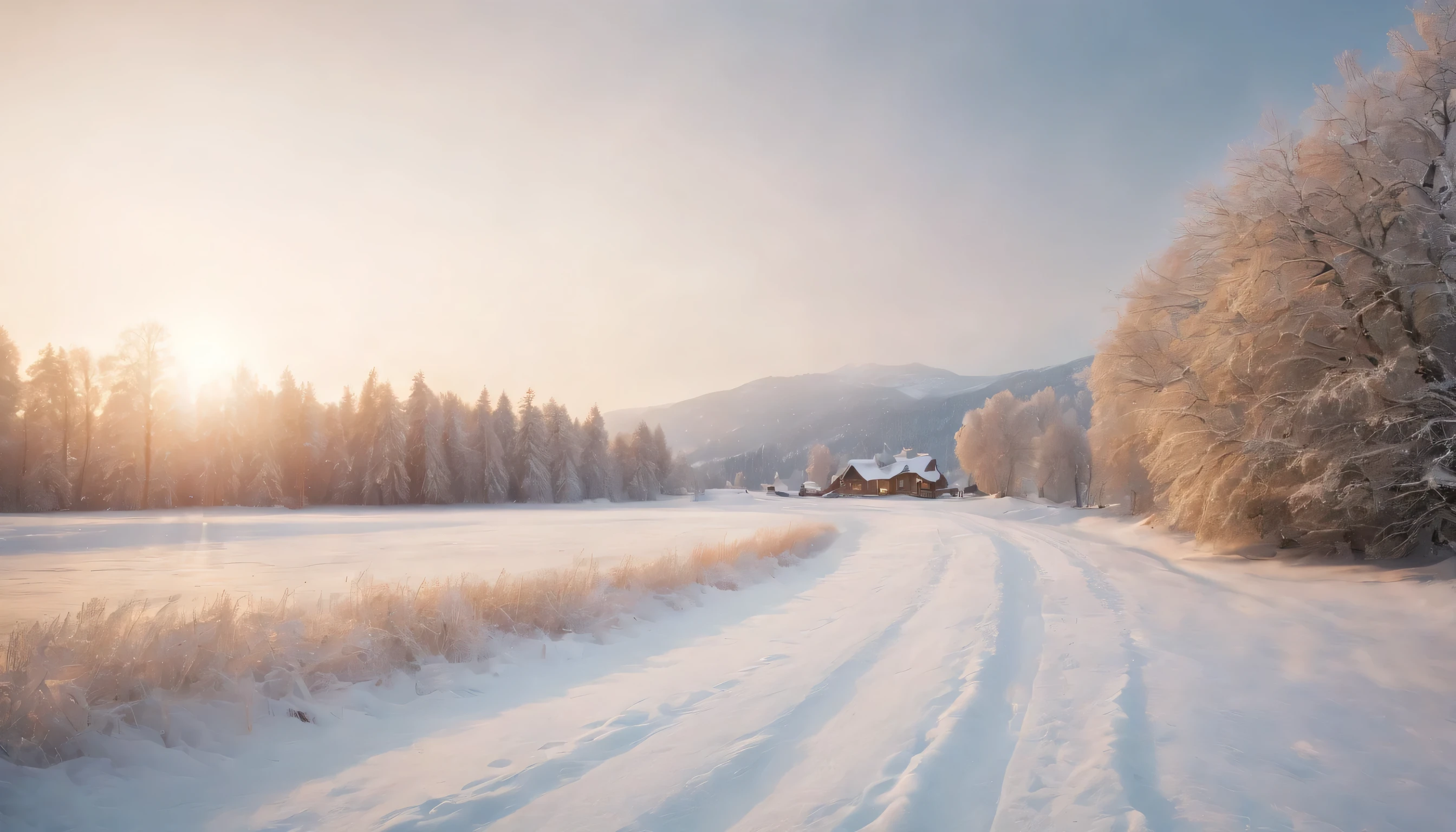 (Highly detailed CG Unity 8K wallpaper、masterpiece、highest quality、Super detailed)、(best lighting、best shadow、very delicate and beautiful)、highest quality、8K、Detailed facial depiction、masterpiece、highest quality、clear image quality、
A photo of the moment when the rural landscape painted in the snow shines beautifully in the sunset