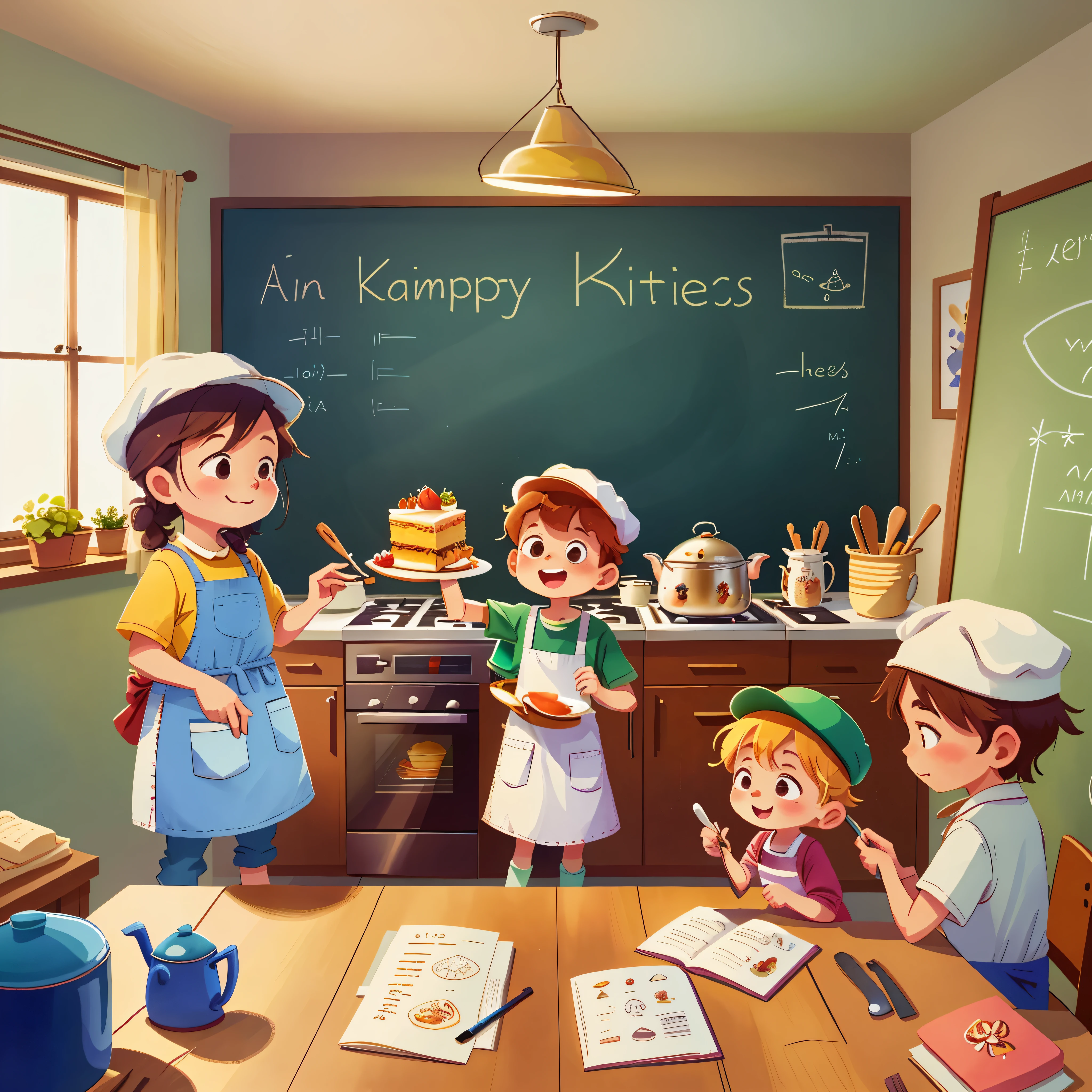 in a comfortable house,Four children,kitchen,with apron,chef's hat,cake in hand,Put in oven,happy atmosphere (Amanda Clark and A. J. Watercolor illustration by Carson),Minimalism