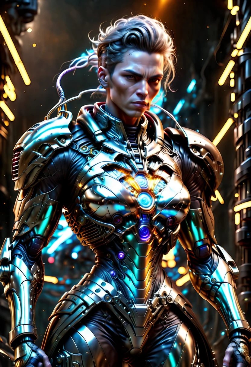 best quality，8k，high resolution，masterpiece，Super detailed，Realism，UHD，studio lighting，Super fine，Physically based rendering，Extreme detailed description,major,bright colors,Half length portrait of male warrior,futuristic,battlefield,steel体,Detailed mechanical parts,cable,gear,,intricate,atmosphere,Art Station Trend,DeviantArt trends,Mechanize the body，holding rifle，Aim for，intricate details，light，Complex and detailed machinery，Detailed face，steel，Chrome，polished metal，cable，pistons，Servo motors，off white，weathered，dieselpunk，oil slick，electric，fantasy