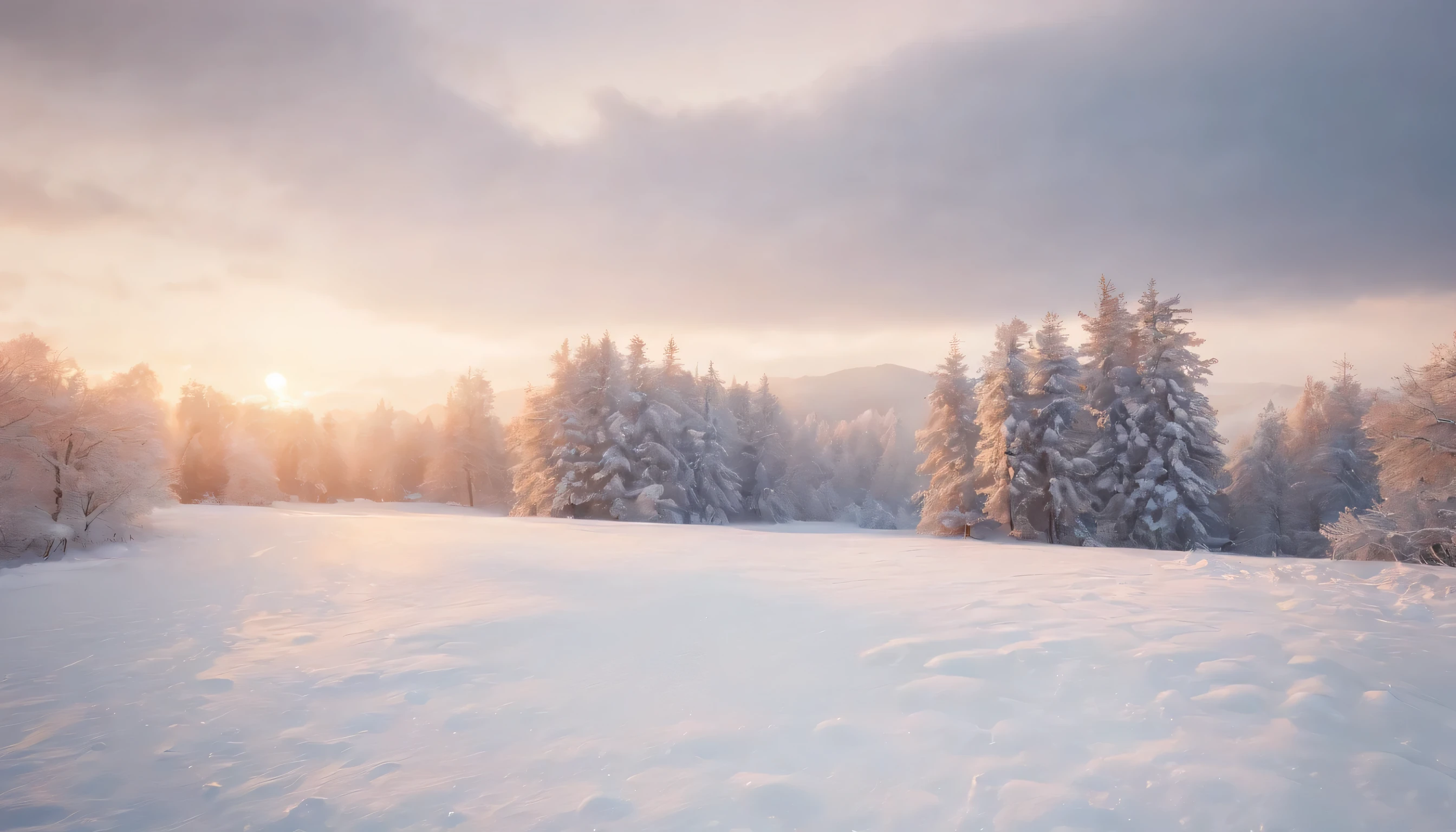 (Highly detailed CG Unity 8K wallpaper、masterpiece、highest quality、Super detailed)、(best lighting、best shadow、very delicate and beautiful)、highest quality、8K、Detailed facial depiction、masterpiece、highest quality、clear image quality、
A photo of the moment when the rural landscape painted in the snow shines beautifully in the sunset
