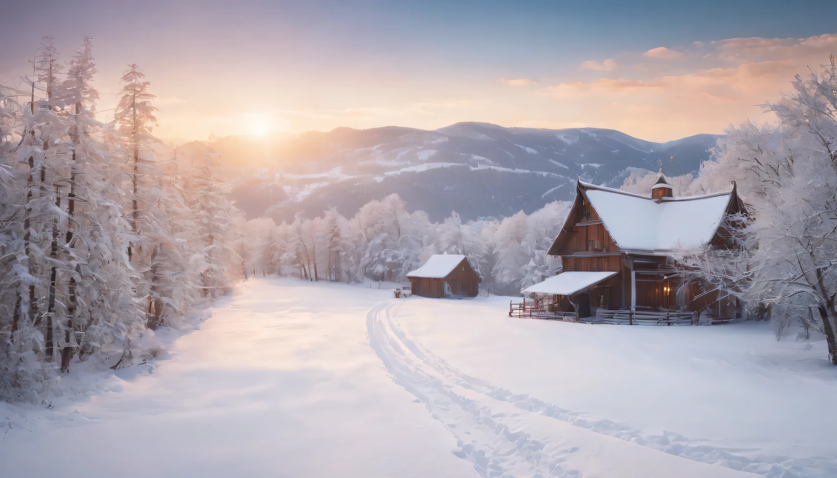 (Highly detailed CG Unity 8K wallpaper、masterpiece、highest quality、Super detailed)、(best lighting、best shadow、very delicate and beautiful)、highest quality、8K、Detailed facial depiction、masterpiece、highest quality、clear image quality、
A photo of the moment when the rural landscape painted in the snow shines beautifully in the sunset