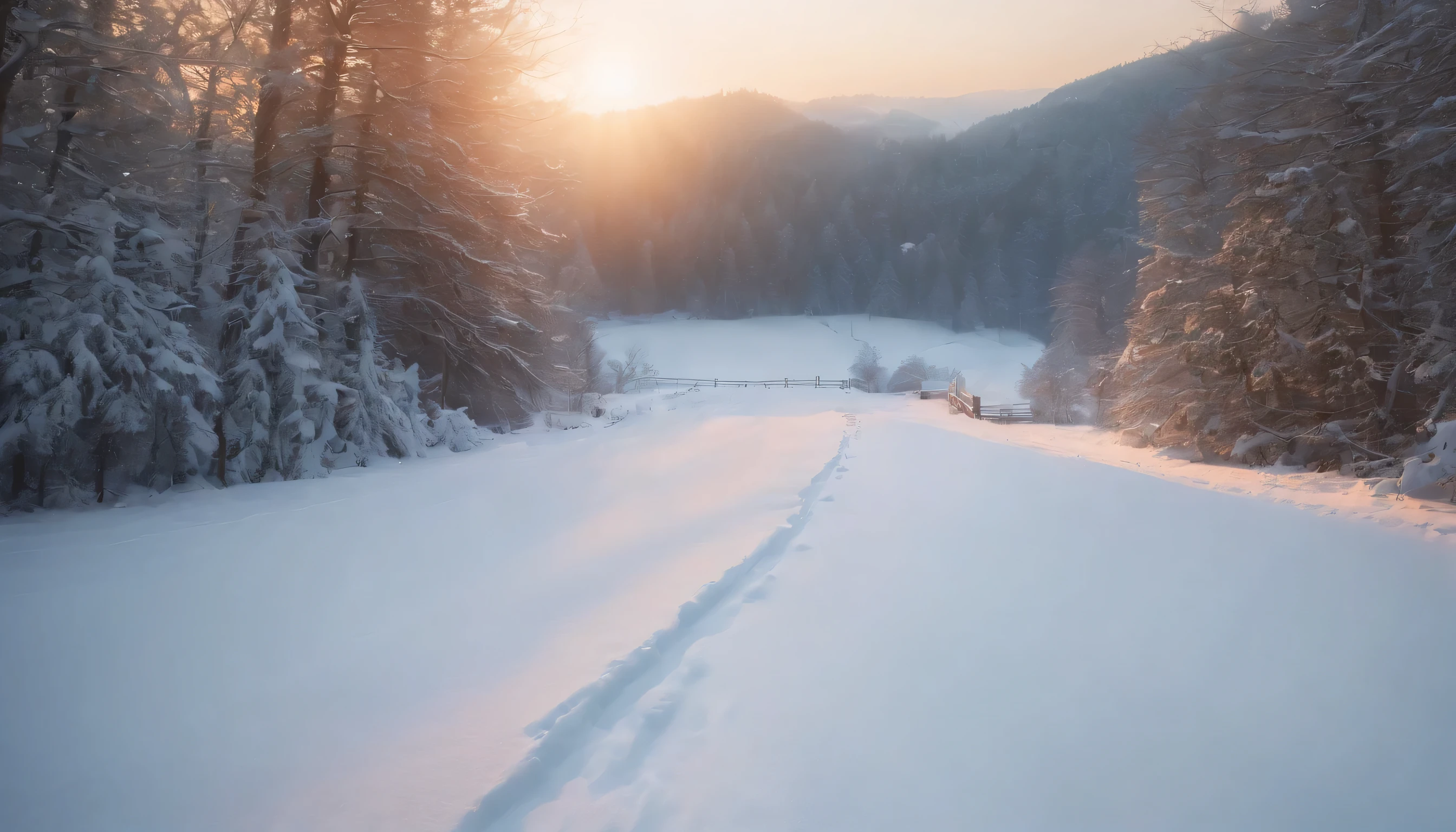 (Highly detailed CG Unity 8K wallpaper、masterpiece、highest quality、Super detailed)、(best lighting、best shadow、very delicate and beautiful)、highest quality、8K、Detailed facial depiction、masterpiece、highest quality、clear image quality、
A photo of the moment when the rural landscape painted in the snow shines beautifully in the sunset